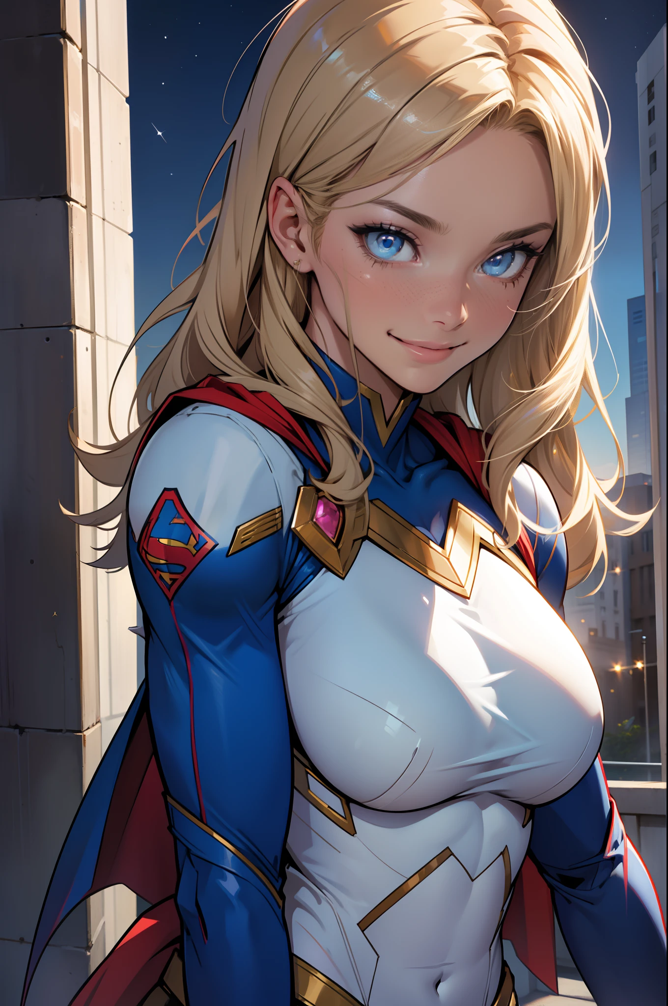 Complete portrait of the best quality, Focus sur le buste, Bust and eyes and body extremely detailed, 4k wallpaper, Extremely detailed Supergirl standing in front of the viewer, Open Shirt 8K Wallpaper, Yeux brillants, cheveux noirs courts, ombre parfaite, Masterpiece, Regarder le spectateur, rougissant, very embarrassed, Sourire innocent, extremely detailed eyes, Ultra-detailed, 1 fille solo, 2 mains parfaites seulement, ouvre grand son uniforme de Supergirl, invites the spectator to breastfeed, fille parfaite, Uniforme minimaliste de Supergirl, 1 fille solo seulement, Night on top of a skyscraper, Private outdoor show, Regarder le spectateur, petits seins, Boobs Off Shirt, NSFW (en anglais seulement) (Anglais seulement), Lait maternel, lait, (le lait maternel coule du sein) Proportion parfaite de petits seins, NSFW (en anglais seulement) award winning, New evening, stars