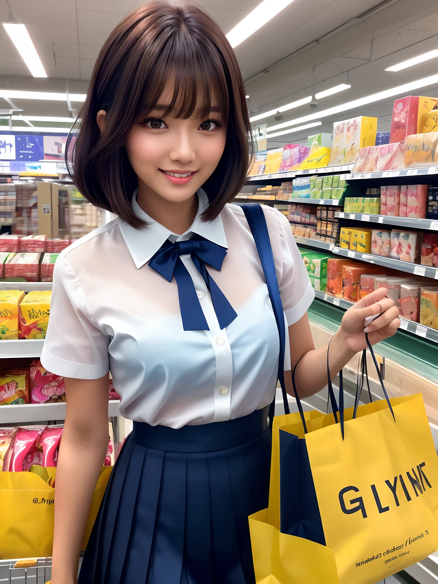product quality, 1 girl, upper body shot, Front view, young beautiful japanese woman, bob hair, Smiling while shopping in a crowded supermarket, glamorous look, Wearing a short-sleeved white collared silk shirt and a plain dark blue shiny satin bow tie, She is wearing a navy blue pleated long skirt., carrying a tote bag over his shoulder, super cute face, glossy lips, double eyelids in both eyes, natural makeup, long eyelashes, shiny smooth light brown bob hair, asymmetrical bangs, tanned skin, center image, High resolution, high detail, detailed hairstyle, detailed face, great cinematic lighting, octane rendering, lively, surreal, perfect limbs, perfect anatomy、((sexual pose:1.5))、((spread legs:1.5))、((nipple erection:1.5))、((Breasts exposed:1.5))、((Sticking a vibrator into her pussy:1.5))
