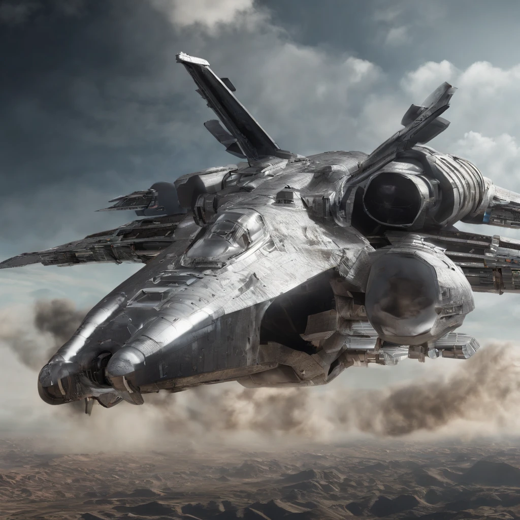 spacecraft with fighter jet appearance, polimento metal, plastic, blindagem Liza. planos futurista fundo nave de guerra em forma futurista voando 4k