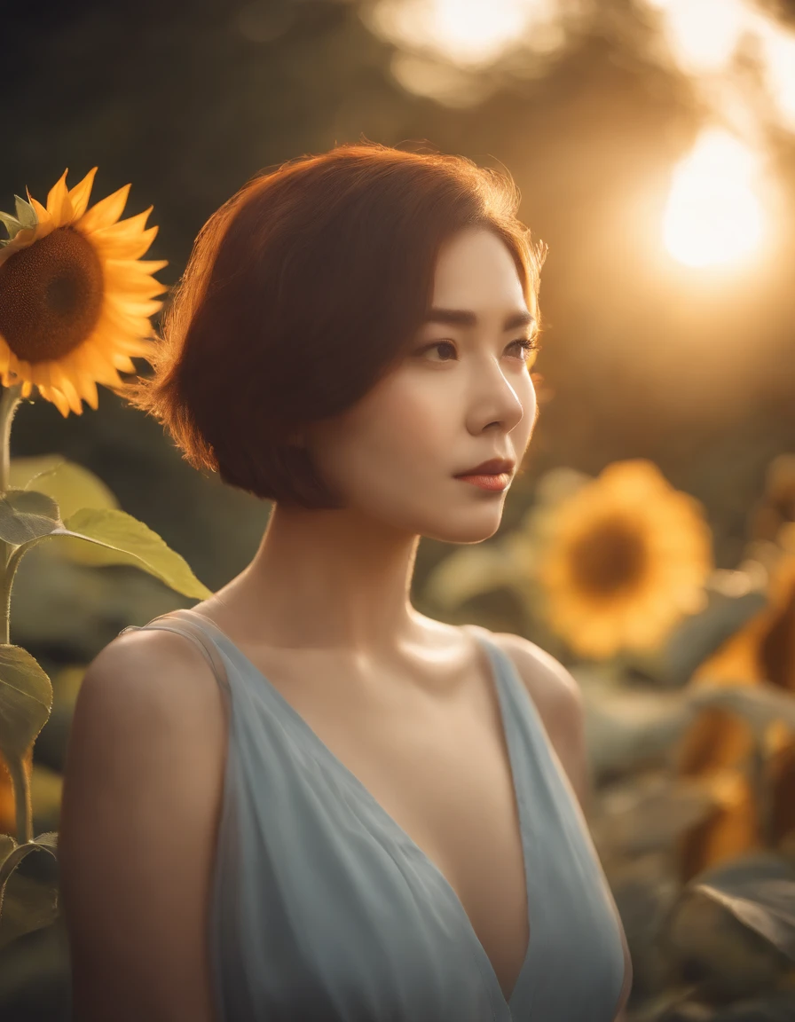 Best Quality,masutepiece,超A high resolution,Photorealistic,Raw photo,Unity 8k壁纸, the panorama, Cinematic lighting, In the sunflower garden, Sunset, Dappled sunlight, Golden Hour Lighting, Backlighting, Blurry background, (Lens Flare), Wind, Pastel colors, Soft light, 1girl in,Floating Shorthair, sad,Upper body　LATEX　LATEX