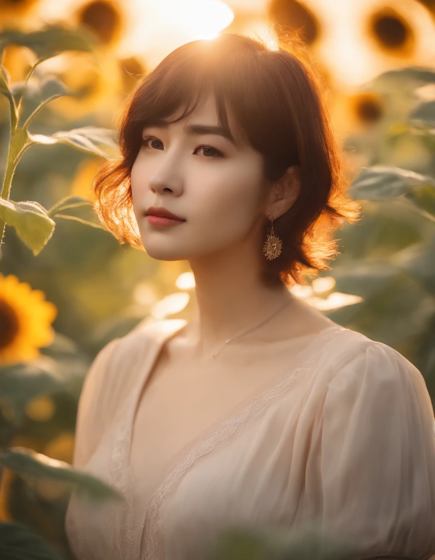 Best Quality,masutepiece,超A high resolution,Photorealistic,Raw photo,Unity 8k壁纸, the panorama, Cinematic lighting, In the sunflower garden, Sunset, Dappled sunlight, Golden Hour Lighting, Backlighting, Blurry background, (Lens Flare), Wind, Pastel colors, Soft light, 1girl in,Floating Shorthair, sad,Upper body LATEX LATEX