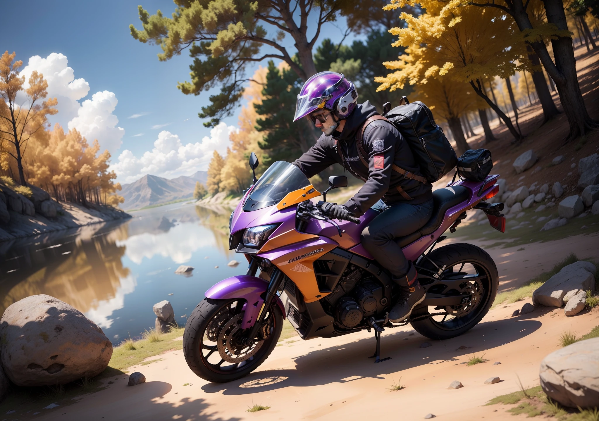 Es un paisaje fuera de este mundo, It's a new world where vegetation is red and trees have purple trunks., el cielo es amarillo y el sol es blanco, There is a subject in the middle of the image and it is in front of everything, tiene un. Casco de cristal y su armadura es futurista, He is leaning on a rock and stares at the camera, everything is made in realistic mode. Create but be more appropriate with what is written