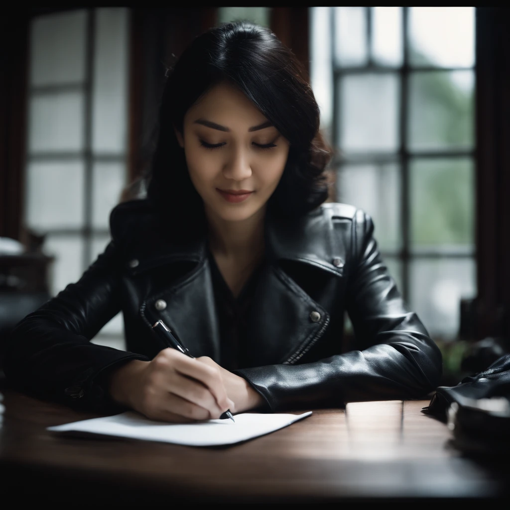 Black leather gloves in both hands, upper body, black leather rider jacket, facing the desk in the study, looking down and smiling, writing a letter using a fountain pen, black hair, long straight, young Japanese woman　(black leather gloves)