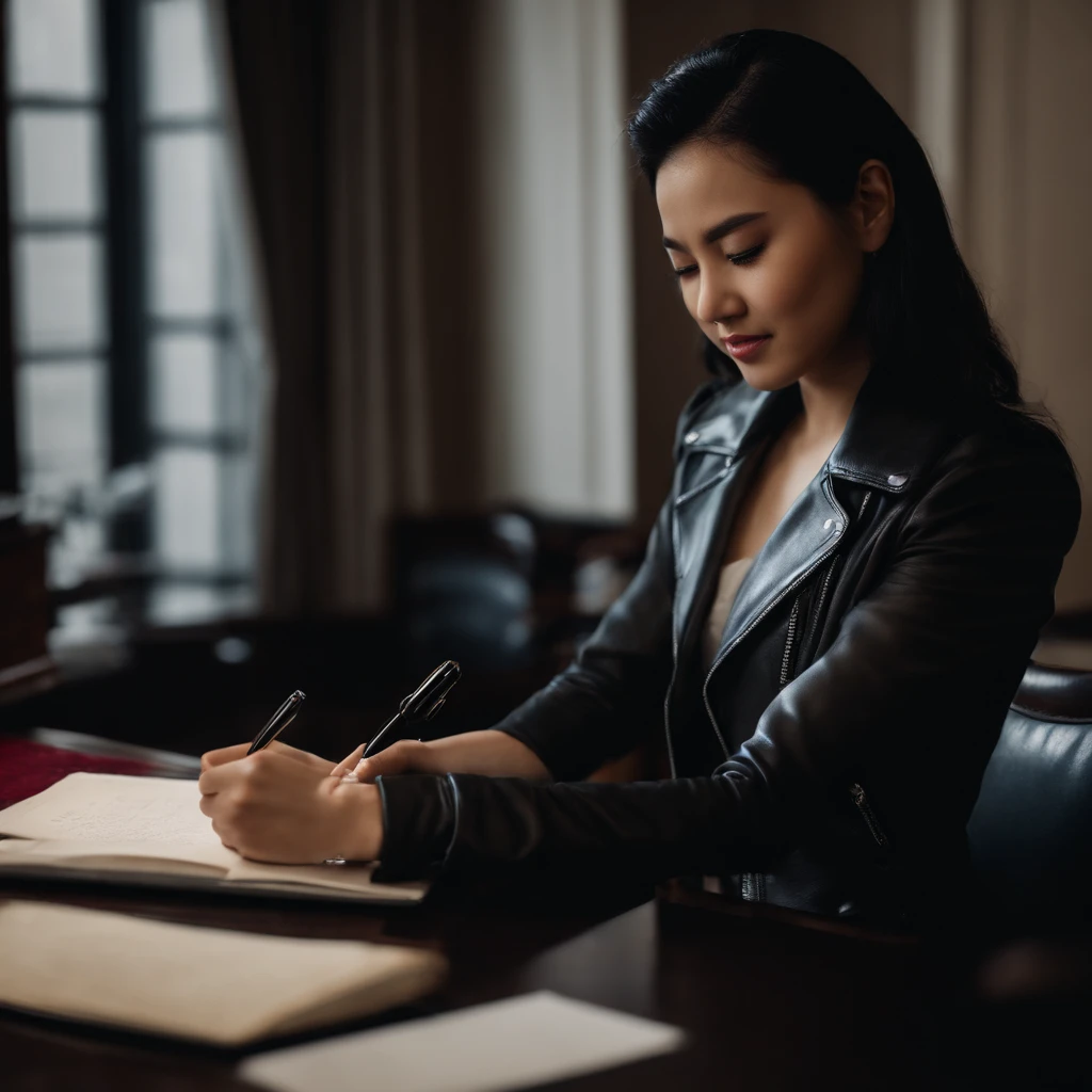 Black leather gloves in both hands, upper body, black leather rider jacket, facing the desk in the study, looking down and smiling, writing a letter using a fountain pen, black hair, long straight, young Japanese woman (black leather gloves)