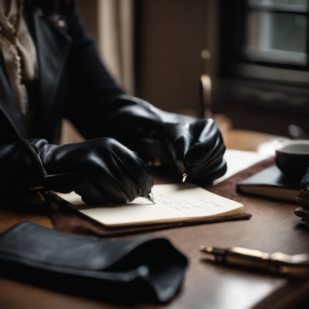 Black leather gloves in both hands, upper body, black leather rider jacket, facing the desk in the study, looking down and smiling, writing a letter using a fountain pen, black hair, long straight, young Japanese woman (black leather gloves)