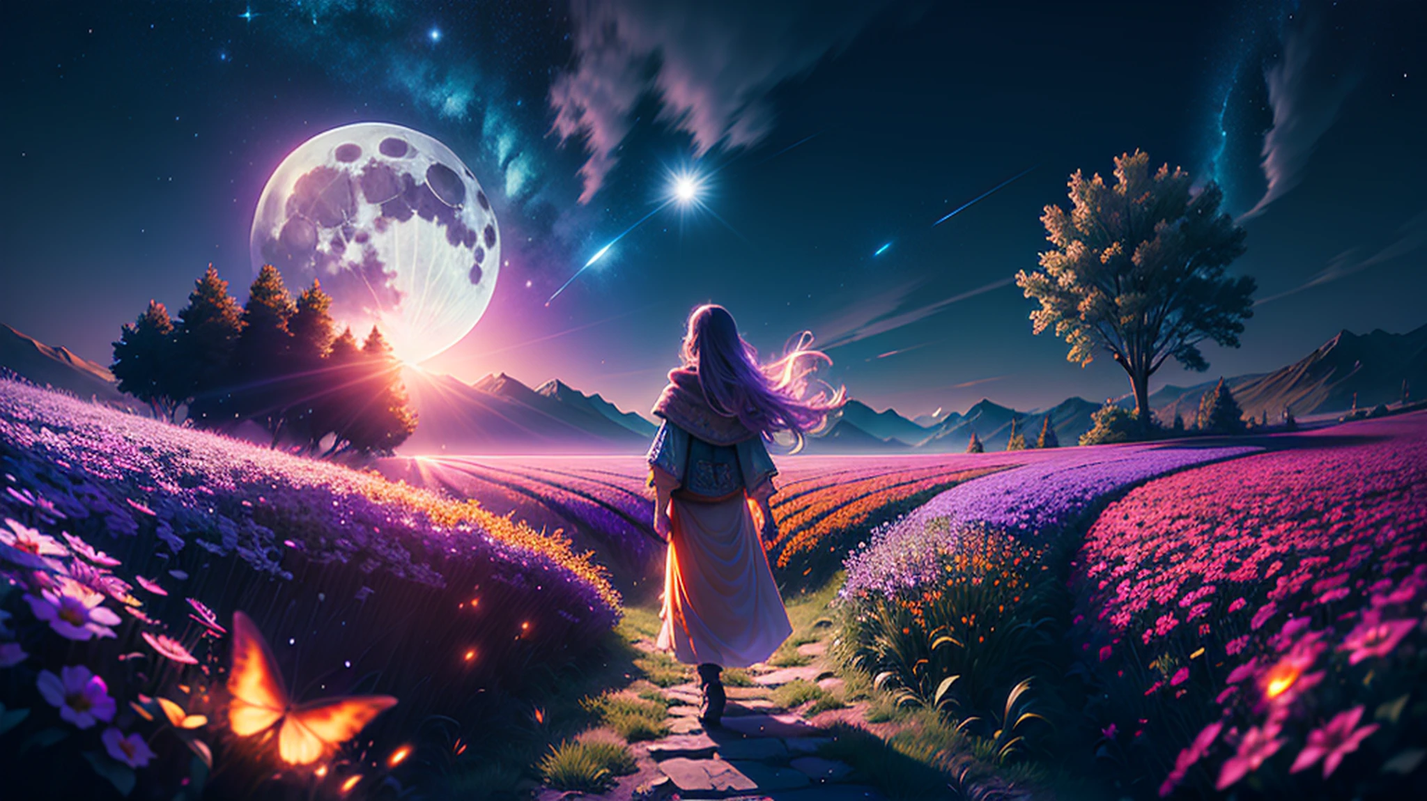 Obra-prima, melhor qualidade, cinema, arte oficial, arte de propaganda, cinematic wallpapers, muito detalhado CG uniforme 4k wallpapers, detalhes intrincados, corpo inteiro, arte conceito, Production art, ((realista, foto-realista:1.5), landscape rendering, reflection, realista, cyberpunk, Very sharp focus realistic award-winning matte drawing film lights, mecha, (illustration: 1.3), pele magra, clara, rosto delicado, brilho, knee tights, (longos cabelos loiros), Japanese Shrine Costume, olhos verdes, campo de batalha, chip, brilho, vasta foto de paisagem, (de baixo, Starry sky above, campo aberto abaixo), a girl standing on a flower field looking up, (lua de corda: 1.5), (meteoro: 0.9), (nebulosa: 1.3),
