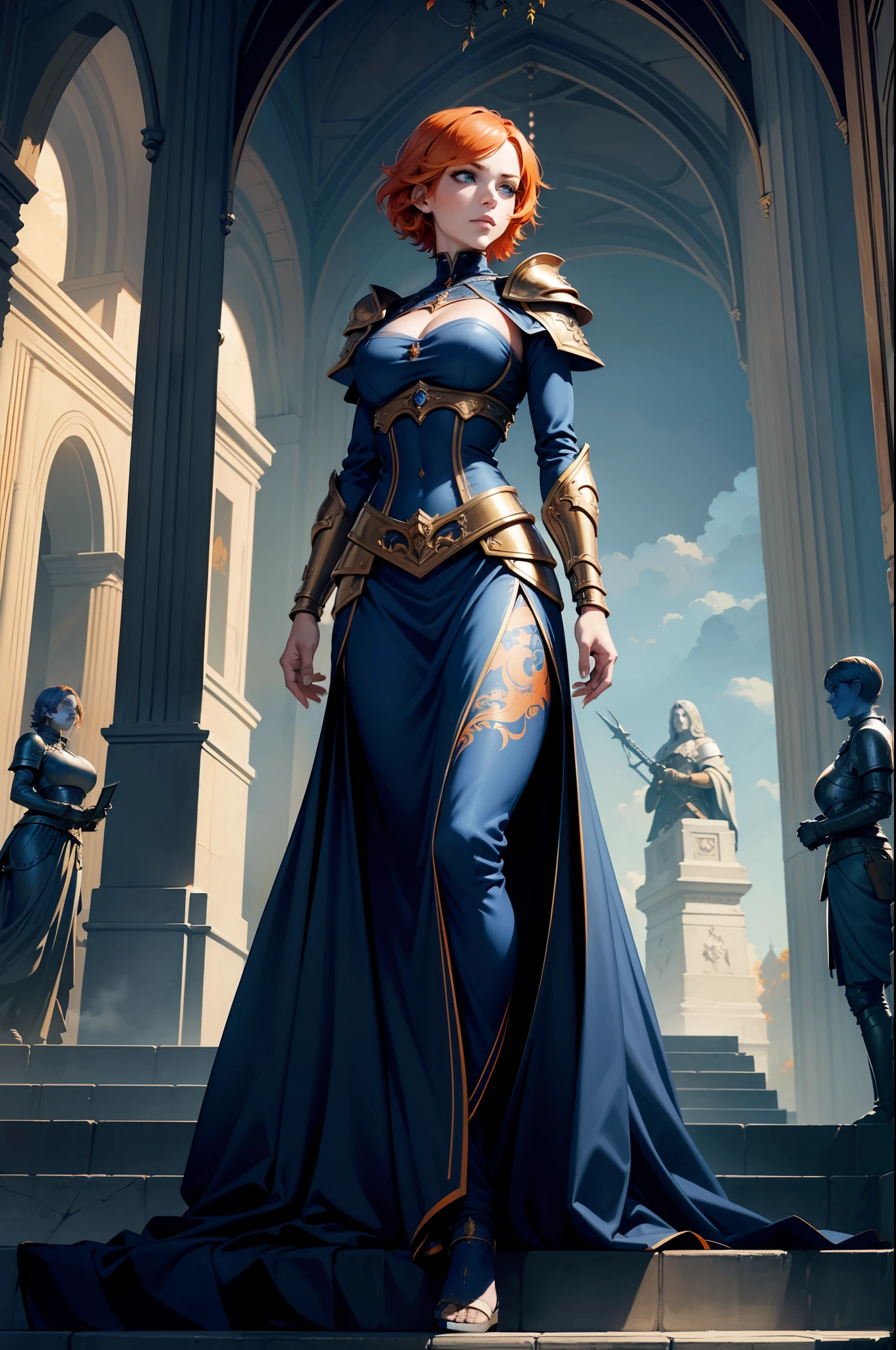 A beautiful and wonderful woman extremely detailed short orange hair wearing extremely detailed gothic armor blue eyes on library staircase with medieval statues blue sky full of clouds and fluttering autumn trees cover 8k in an imposing position
