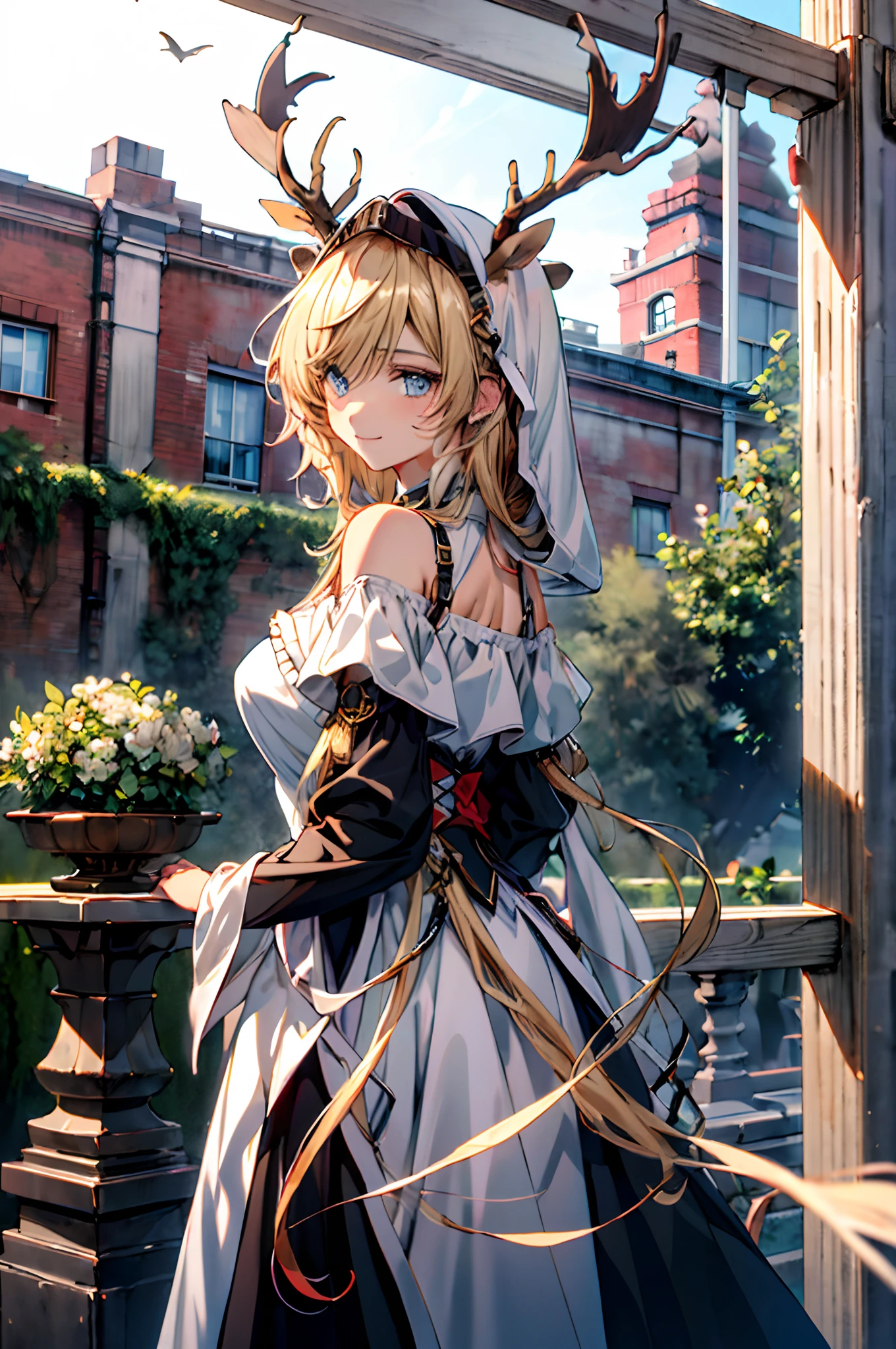 (((Masterpiece))),(incredibly_absurderes),(Best quality),(A high resolution),(Highly detailed),((CG unity 8k wallpaper)),(tmasterpiece、top-quality、illustratio、Extremely high quality、high-level image quality、Extremely sensitive writing)Blonde girl standing in beautiful garden、A slight smile、She has a large bouquet、Cute national costume style dress,There are ruffles on the shoulders、Hair fluttering in the wind
