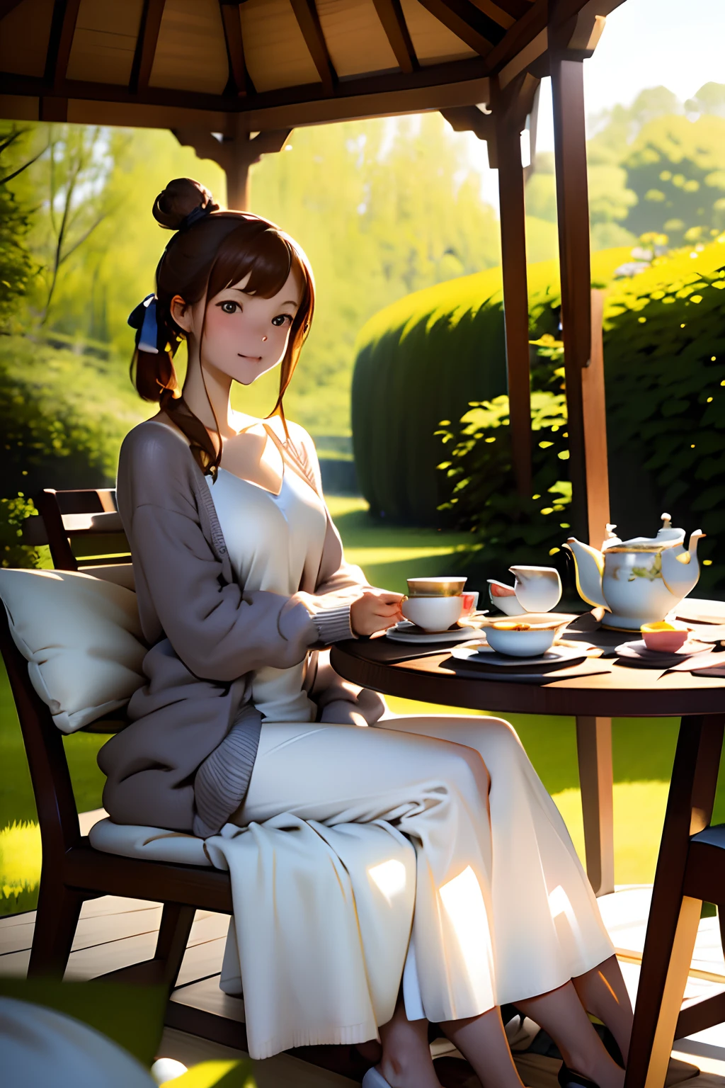 masutepiece, Best Quality, hight resolution,A perfect･parfect anatomy,独奏,Brown hair,Bun hair in one,white  shirt,Cardigan with long ultramarine sleeves,Enjoy afternoon tea and tea treats,tea set,Round table with flowers in a vase,plein air,Afternoon tea in the gazebo,English garden