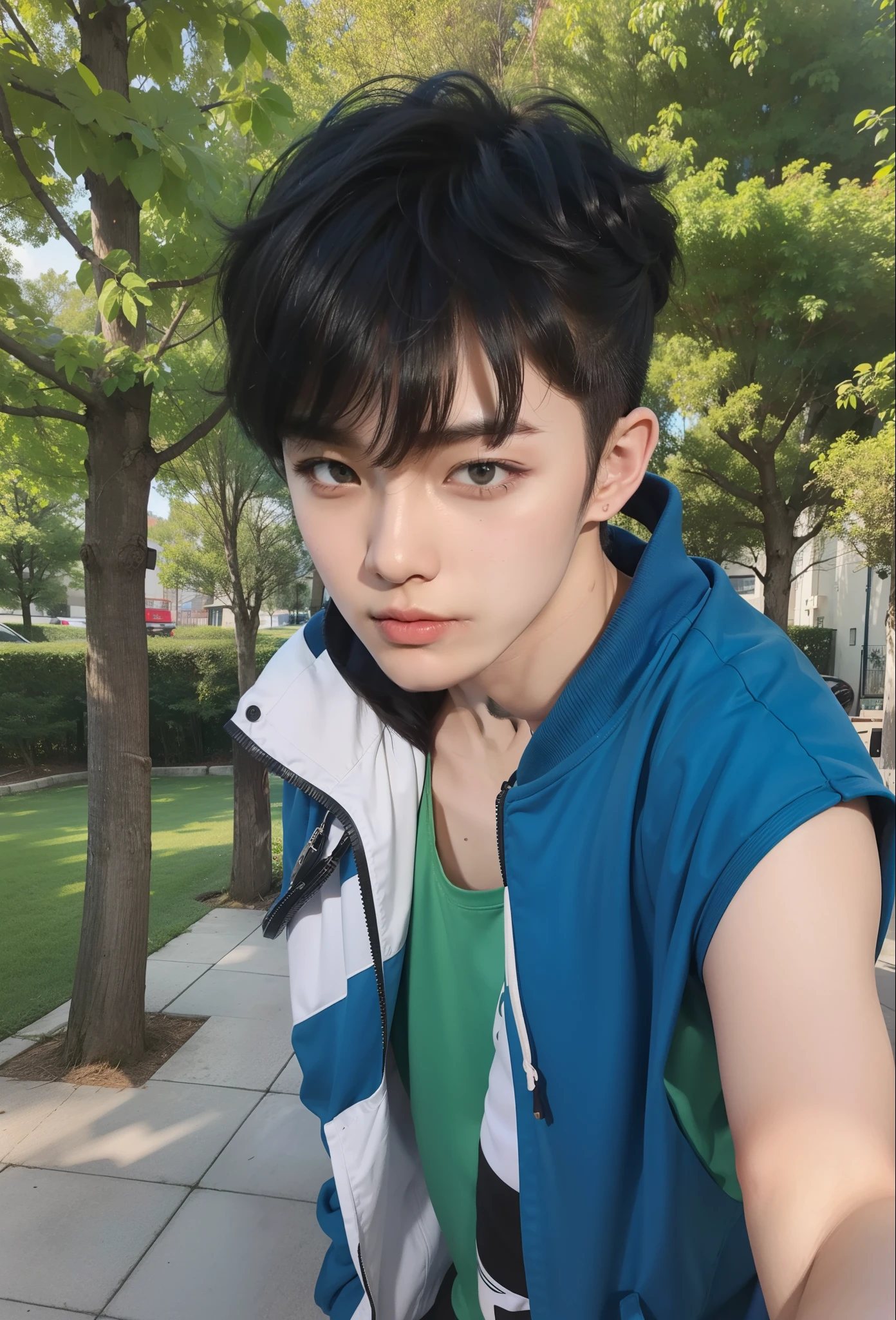 Real life adaption of this character,Korean teen handsome face , realistic messy hair black and yellow color ,realistic same outfit,realistic eyes,realistic light,realistic shadow,hyper realistic,realism,(photorealistic:1.2)