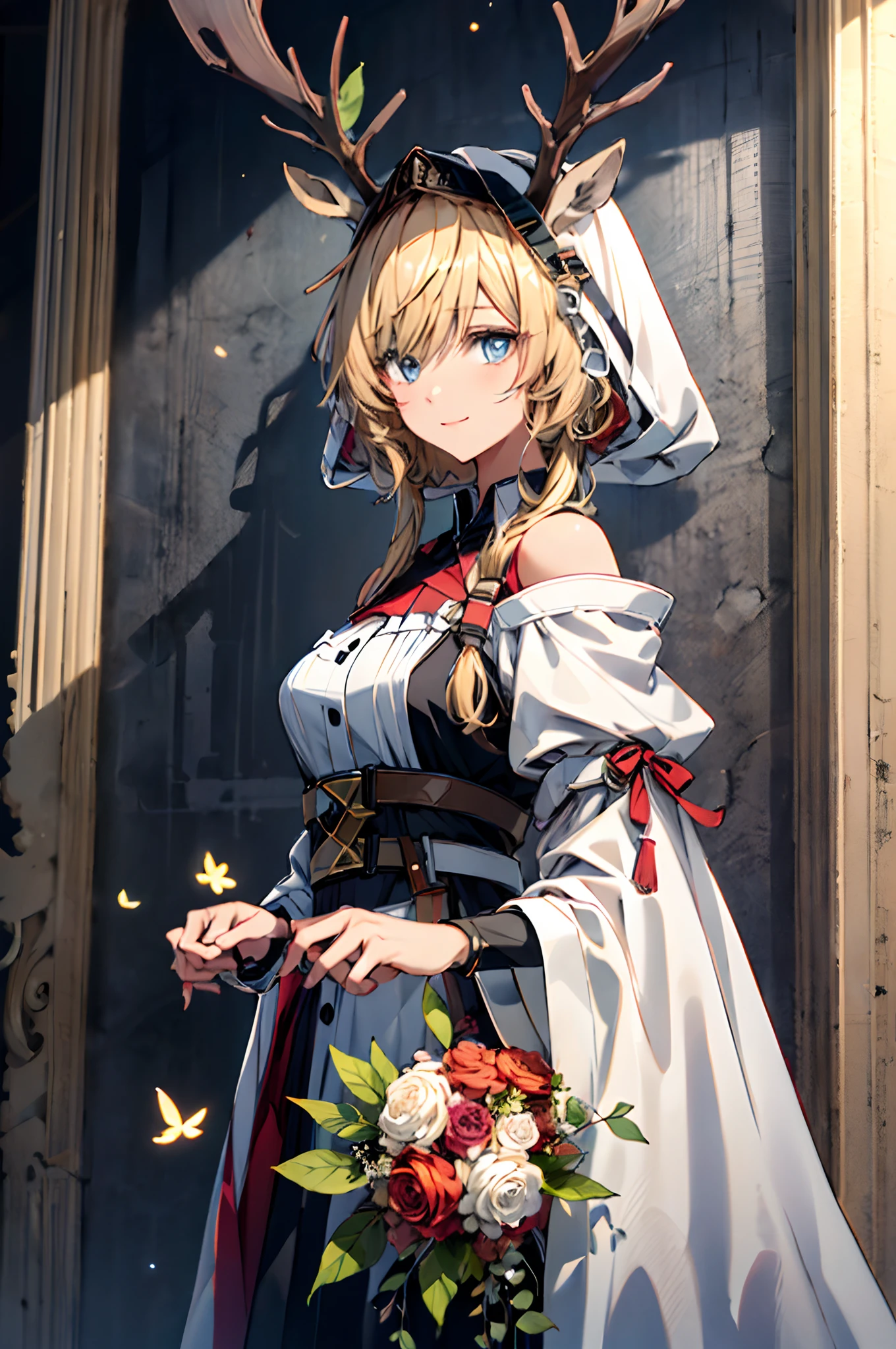 (((Masterpiece))),(incredibly_absurderes),(Best quality),(A high resolution),(Highly detailed),((CG unity 8k wallpaper))，(tmasterpiece、top-quality、illustratio、Extremely high quality、high-level image quality、Extremely sensitive writing)Blonde girl standing in beautiful garden、A slight smile、She has a large bouquet、Cute national costume style dress，There are ruffles on the shoulders、Hair fluttering in the wind