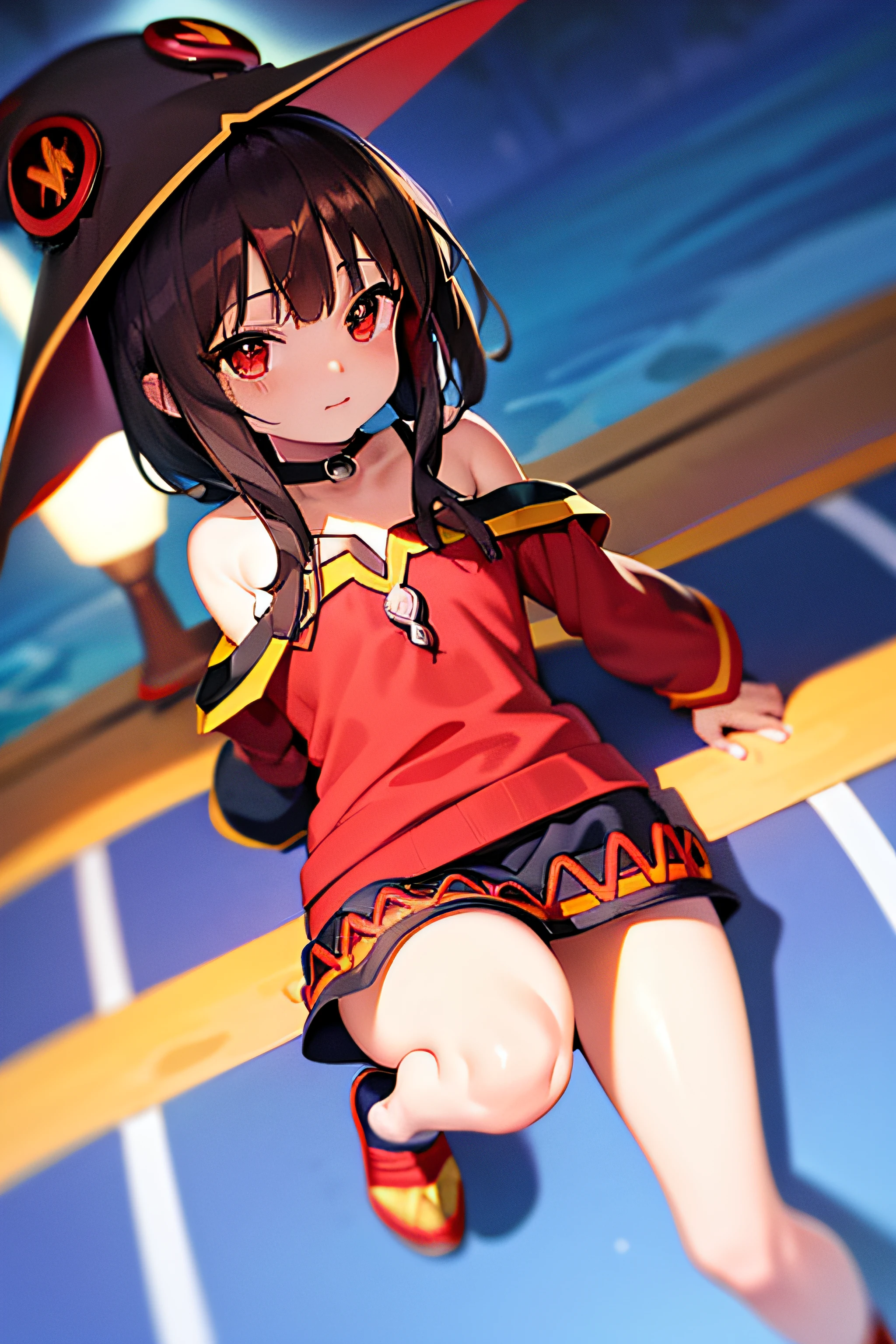 (melhor qualidade), [obra-prima], ((bonita:0.75)  bonita:0.75), [claro e limpo] pixiv (illustration), ((Megumin)), rua, caminhando, noite, cabelo castanho, saia preta, red sweater, cabelo curto, red eyes.