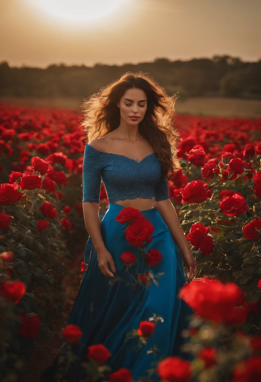 01 jovem mulher ((loira)) em um campo cheio de rosas vermelhas, Blue sky and sun shining