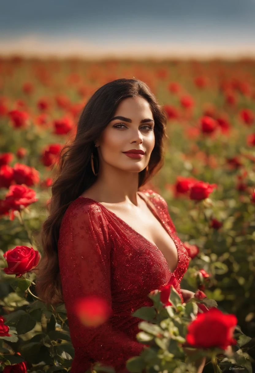 01 jovem mulher ((loira)) em um campo cheio de rosas vermelhas, Blue sky and sun shining