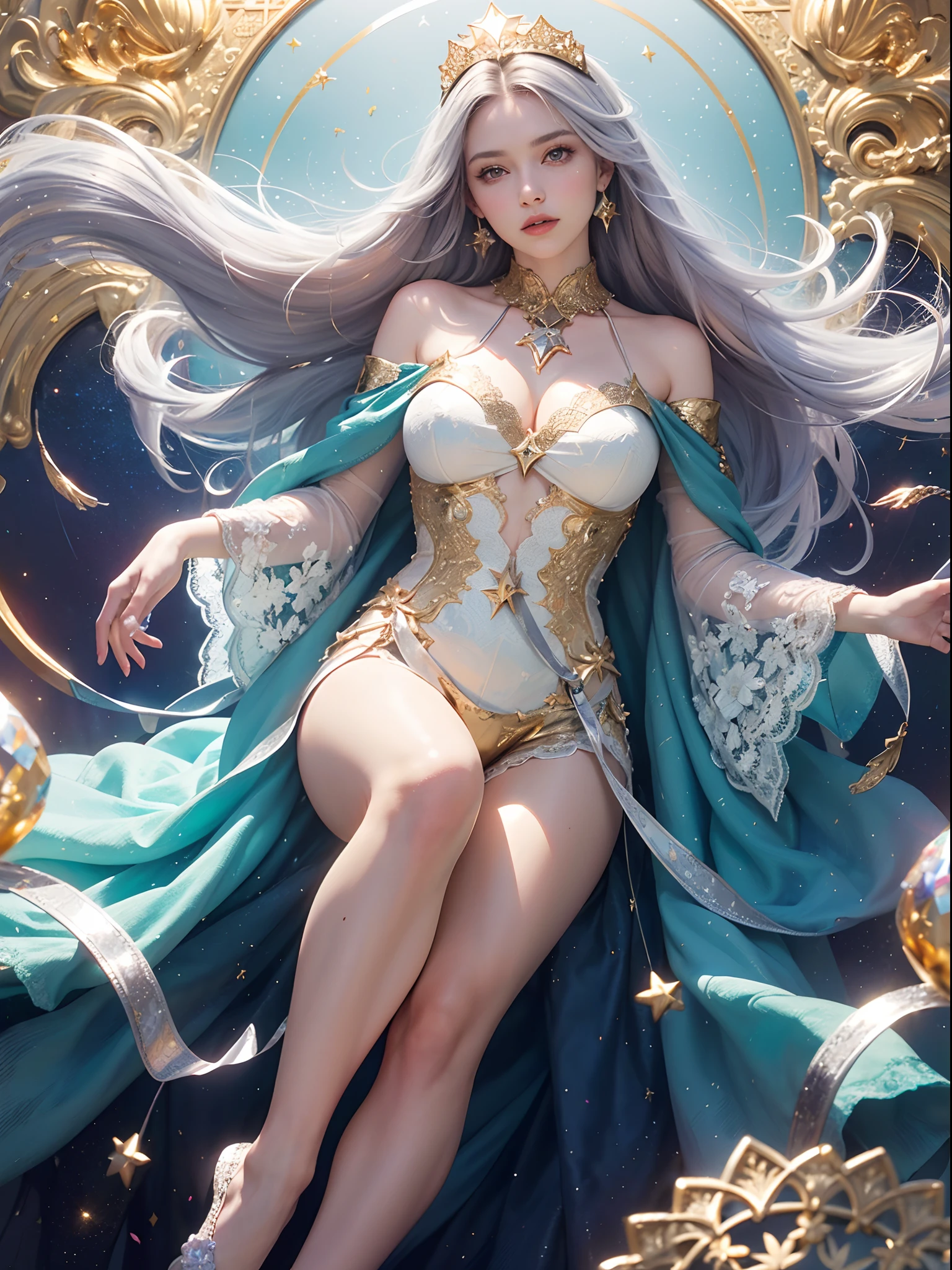Unbeatable masterpiece, Ultra photo realsisim, Perfect artwork, Intricate details, Best quality, Strong light , High contrast, Dynamic pose, Dutch angle , ((Depth of field)) , 1girll, Solo, (Supergianthugebreasts_Detailed:1.3) , Exquisite facial features, prefect face, Serene expression, clear blue transparent sky, intricate adorable beautiful face, Hair ornaments, ((white thighhig，Four-pointed star pattern decoration，No shoes)), linear art, Very delicate light, Nature, breeze, Flowers and grass meadow, near the water edge, starry sky in a circle), randomly distributed clouds, River, Falling petals, ((((melt)))), ((((gold and silver lace)))), extremely detailed gorgeous tiara, A golden glow floats, Cinematic lighting, vanishing point, Perspective, (((Colorful background))) , ((high saturated))) , full bodyesbian , (Chiaroscuro lighting:1.2) , ( Hands and feet:1.25) , High heels , Bare shoulders , upper legs ,  (colorful crystals:1.5) , (((Colorful background)) , Floating particles ,