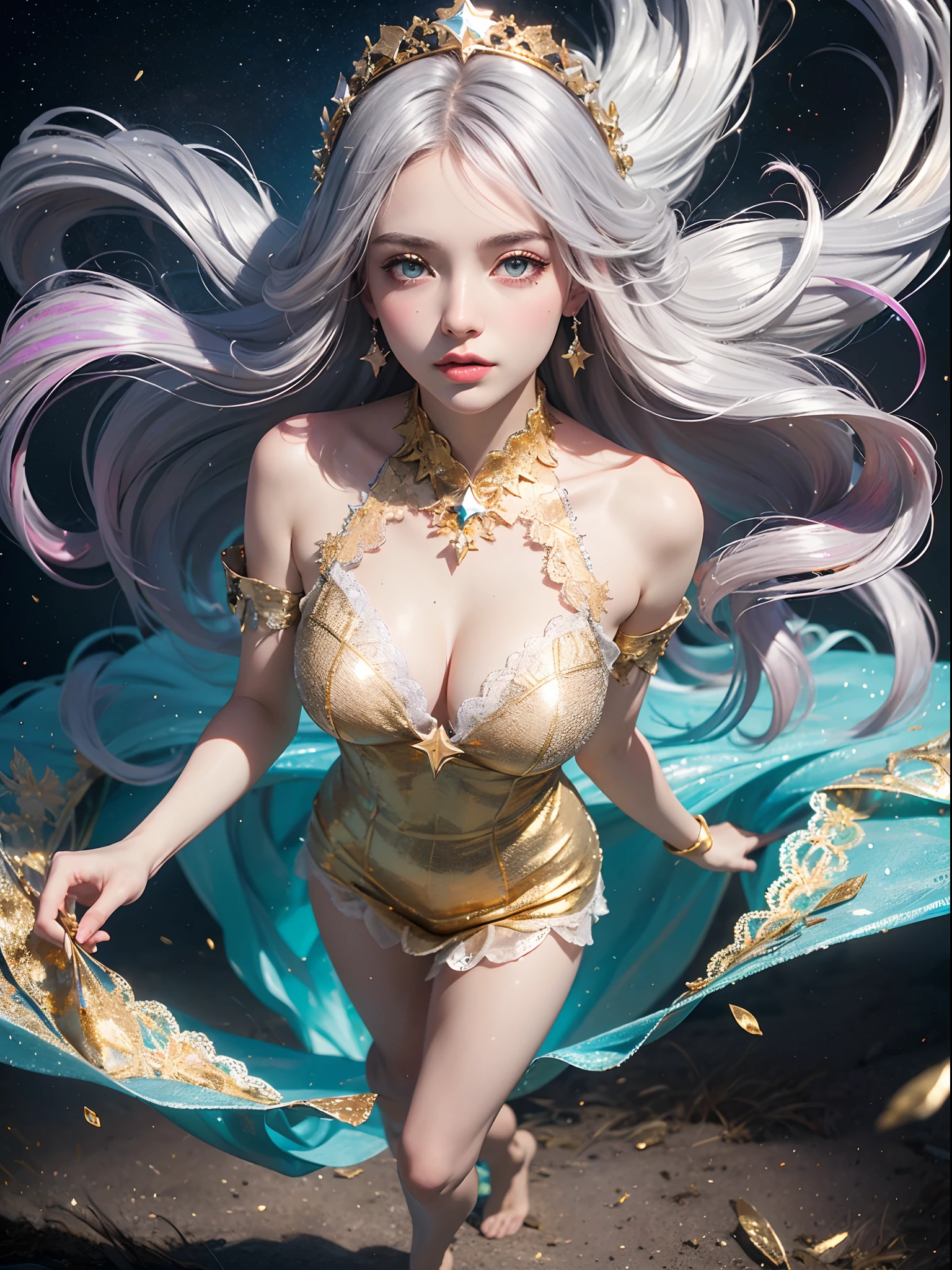 Unbeatable masterpiece, Ultra photo realsisim, Perfect artwork, Intricate details, Best quality, Strong light , High contrast, Dynamic pose, Dutch angle , ((Depth of field)) , 1girll, Solo, (Supergianthugebreasts_Detailed:1.3) , Exquisite facial features, prefect face, Serene expression, clear blue transparent sky, intricate adorable beautiful face, Hair ornaments, ((white thighhig,Four-pointed star pattern decoration,No shoes)), linear art, Very delicate light, Nature, breeze, Flowers and grass meadow, near the water edge, starry sky in a circle), randomly distributed clouds, River, Falling petals, ((((melt)))), ((((gold and silver lace)))), extremely detailed gorgeous tiara, A golden glow floats, Cinematic lighting, vanishing point, Perspective, (((Colorful background))) , ((high saturated))) , full bodyesbian , (Chiaroscuro lighting:1.2) , ( Hands and feet:1.25) , High heels , Bare shoulders , upper legs , (colorful crystals:1.5) , (((Colorful background)) , Floating particles ,