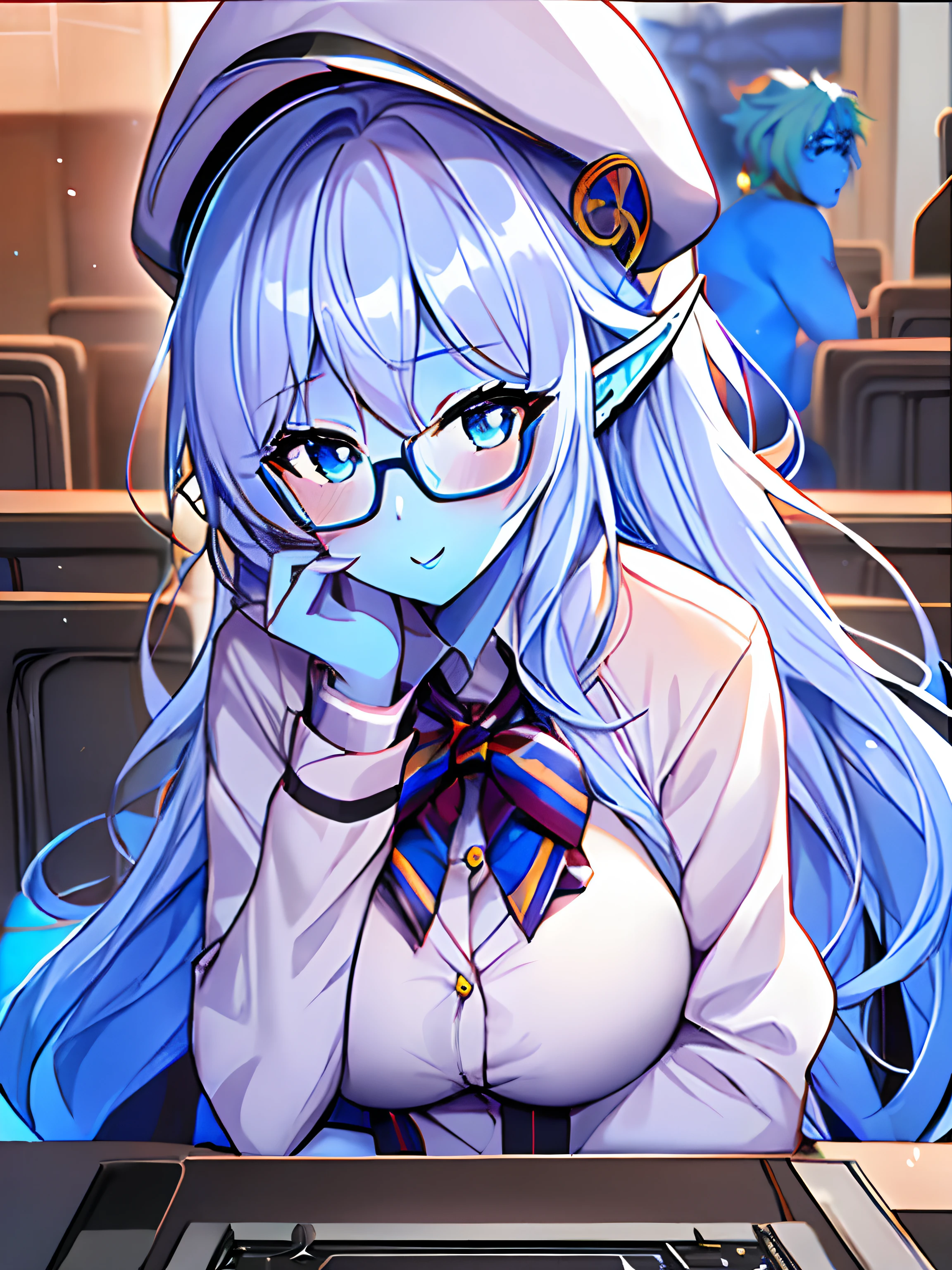 a girl , Big Breast, Simple background, masterpiece, change Uniform, eye glass, school uniform, 1 person blue_skin, Best Quality, 8K Portrait, anime screen cap, ((Blue skin))