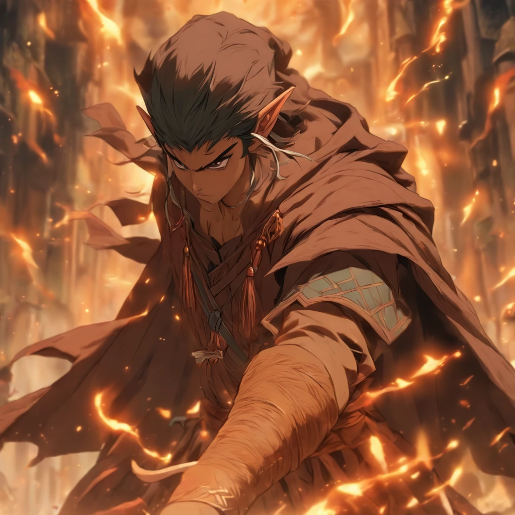 Half-Elf, wearing Kenpogi, fighting robe, dark brown and brown in color, masterpiece, best quality