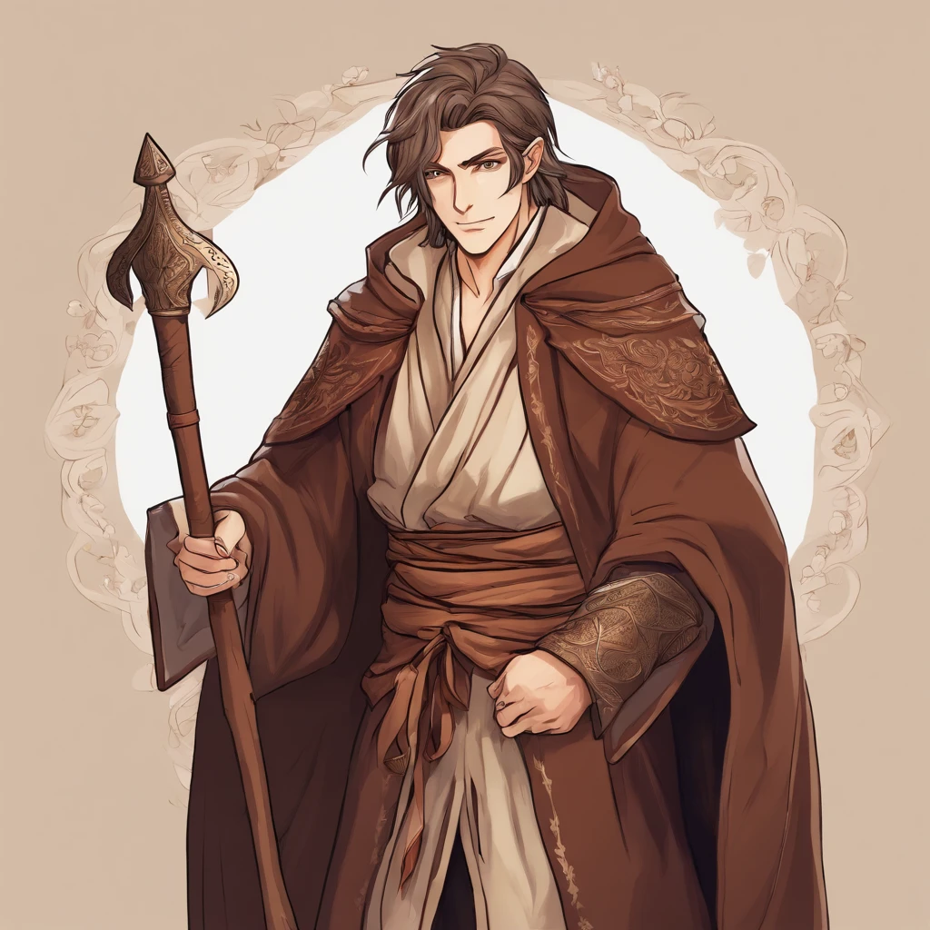 Half-Elf, wearing Kenpogi, fighting robe, dark brown and brown in color, masterpiece, best quality