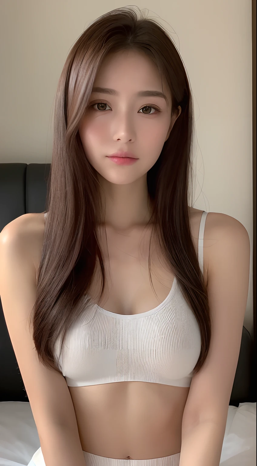 ((Realistic lighting, best qualtiy, 8k, tmasterpiece:1.3)), sharp fokus:1.2, 1girl, Beautiful Women with Perfect Figure:1.4, Slim abs:1.1, ((dark brown  hair)), (White crop top:1.4）,（exteriors，during night：1.1），Sit on the indoor bed，Ultra-fine face，Fine eyes，二重まぶた，Leaks out the entire delicate breast