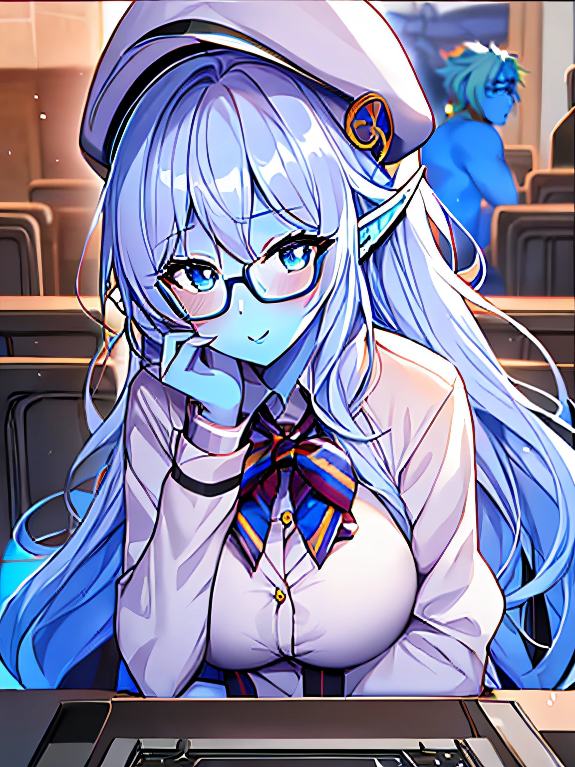 RIN, HALO, SLEEVELESS, NECKTIE, WHITE DRESS, WHITE JACKET, PANTYHOSE, MATURE FEMALE, EARRINGS, GLASSES, 1girl, solo, upper body, facing viewer, looking at viewer, smile,