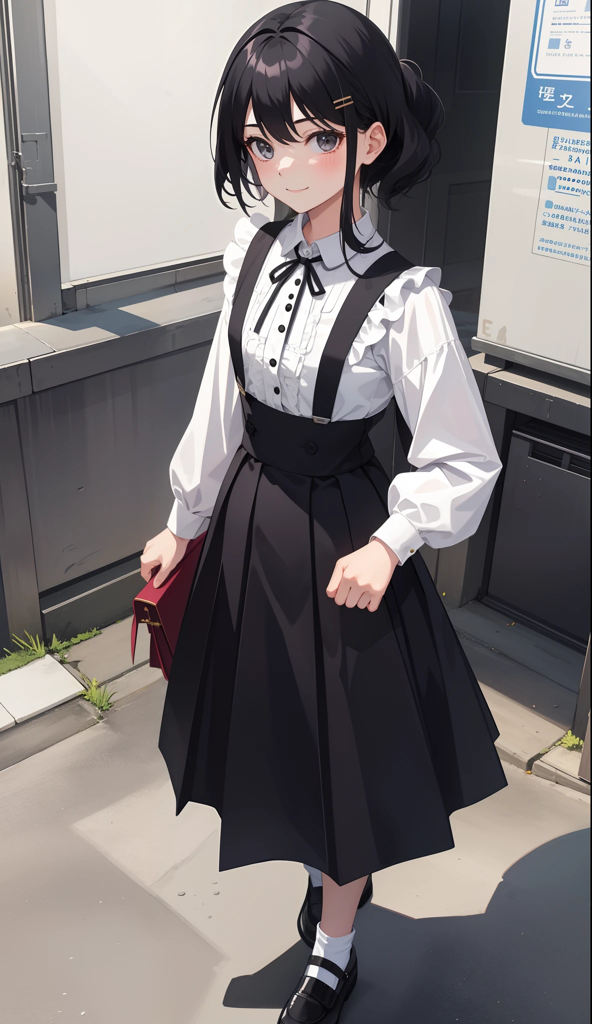 1girl in、AS-Adult、A smile、The shirt、skirt by the、(small tits)、doress、pinafore、hair adornments、(Maids)、Walking with a thigh、Upper body portrait、