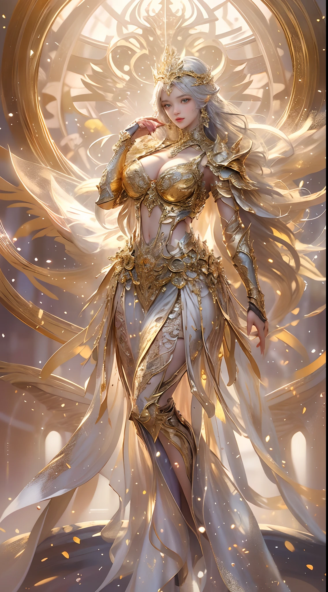 Woman in a golden transparent dress,view the viewer,(((Huge breasts, Large cleavage))),Slim waist,(navel baring,Bare waist), Long hair, Ultra-detailed details,High-end Zhenyi station, Rainstorm site, detailed fantasy art, Stunning character art, Beautiful and exquisite character art, Beautiful gold and silver armor, Extremely detailed, Girl in shiny armor, Exquisite tiaras and jewelry,Crystal jewelry filigree, milky ways, Stunning visuals, (dynamic streaks, light tracks:1.2), Vibrant colors,