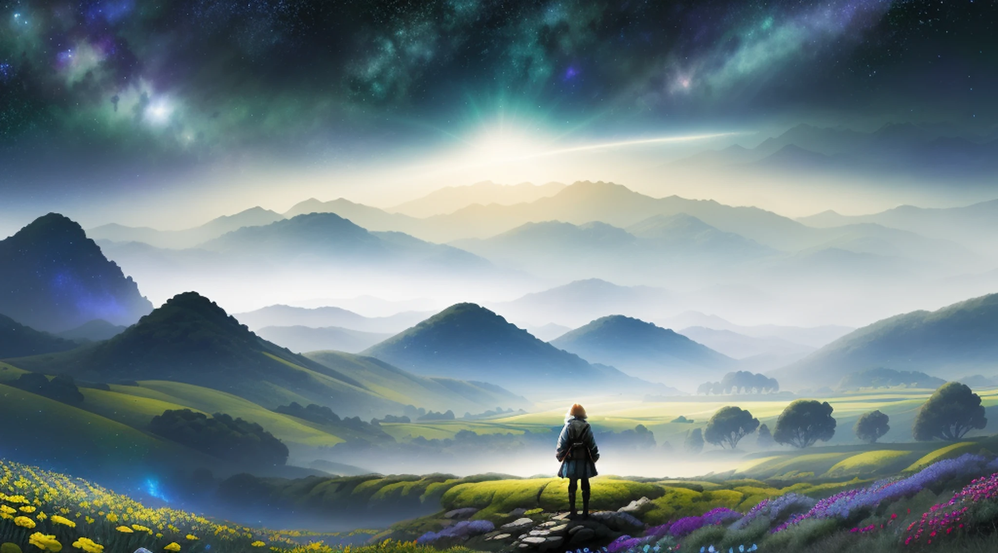obra-prima, melhor qualidade, cinema, Arte Oficial, Arte de propaganda, cinematic wallpapers, muito detalhado CG uniforme 4k wallpapers, detalhes intrincados, corpo inteiro olhando para frente, pose de luta, segurando uma espada de fogo, arte conceito, Production art, ((realista, realista:1.5), landscape rendering, reflection, realista, Cyberpunk, Very sharp focus realistic award-winning matte drawing film lights, Mecha, (illustration: 1.3), pele magra, clara de ovo, rosto delicado, brilho, knee tights, (longos cabelos loiros), Japanese Shrine Costume, olhos verdes, campo de batalha, brilho, vasta foto de paisagem, (de baixo, Starry sky above, campo aberto abaixo), A girl standing in a field of flowers, (lua de corda: 1.5), (meteoro: 0.9), (nebulosa: 1.3)