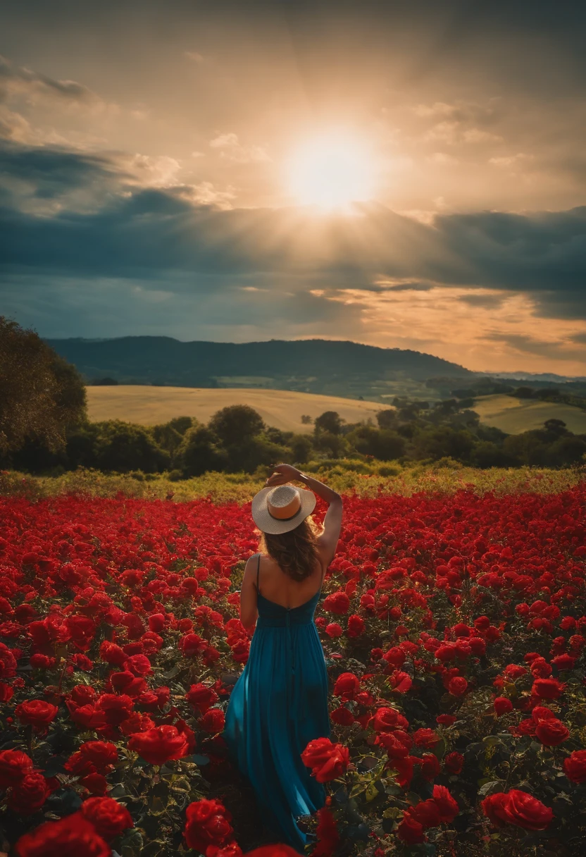 mulher ((loira)) em um campo cheio de rosas vermelhas, Blue sky and sun shining