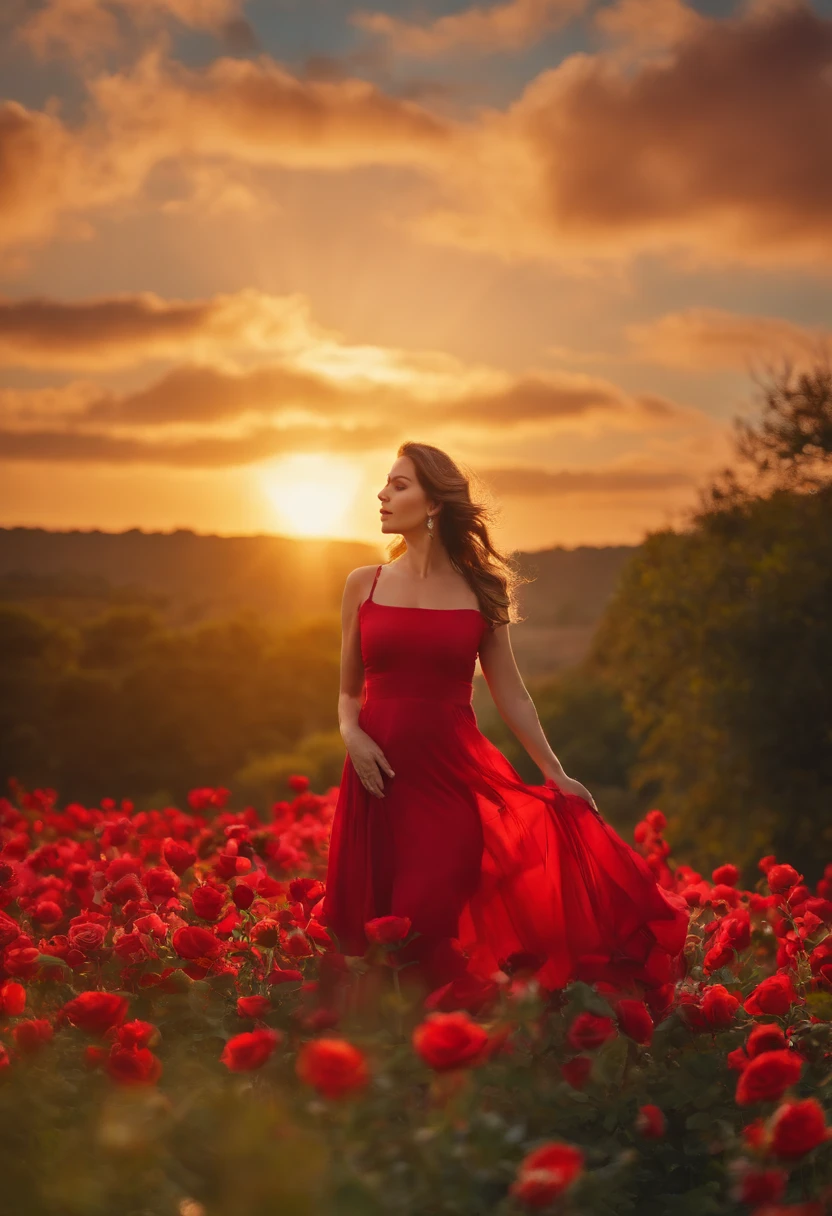 mulher ((loira)) em um campo cheio de rosas vermelhas, Blue sky and sun shining
