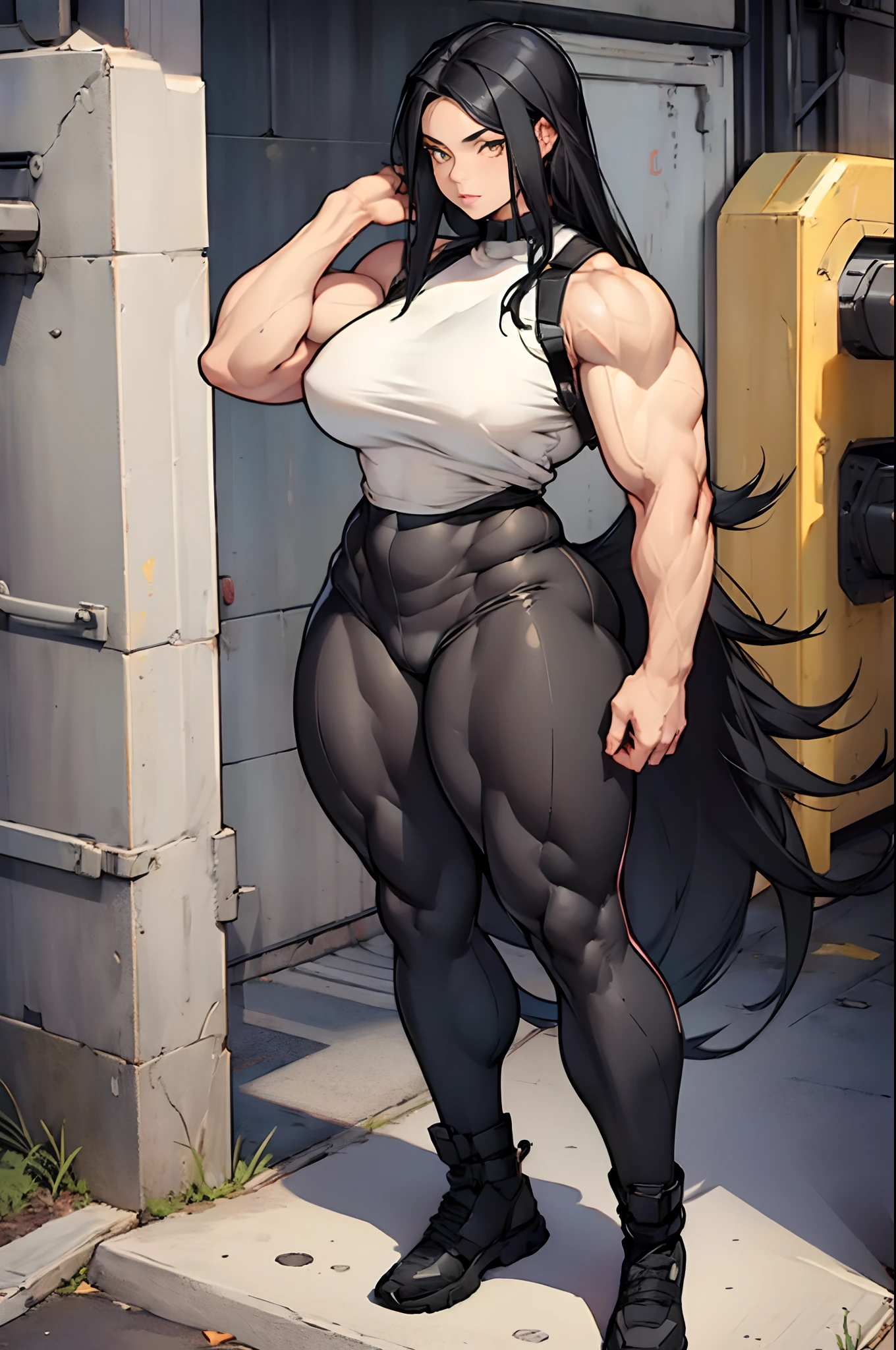 (((((((1 girl))))))), ((((((muscular)))))), (full body), black hair, yellow eyes, pale skin, solo, very long hair, curvy, wide hips, thick thighs, huge breasts