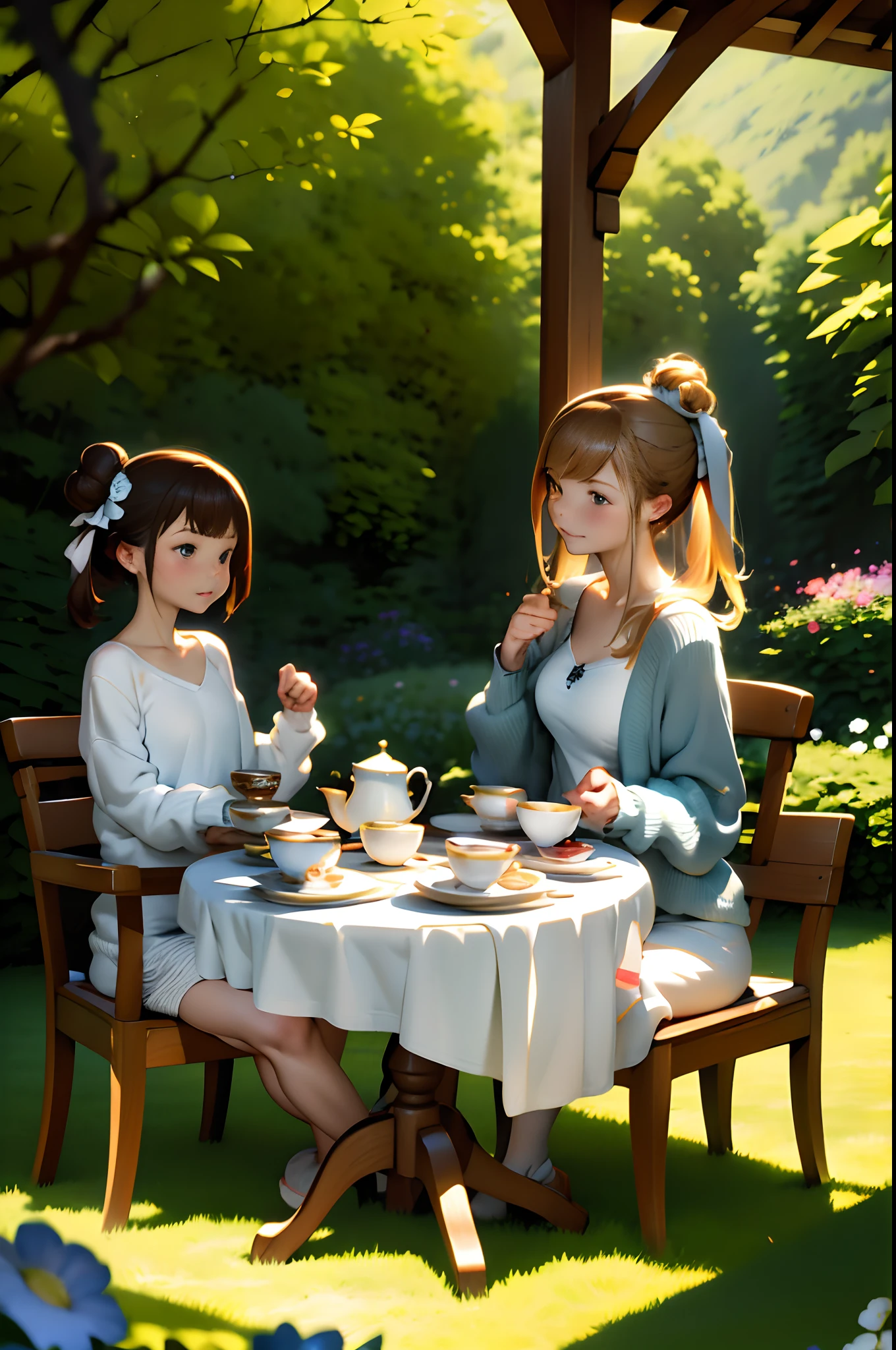 masutepiece, Best Quality, hight resolution,A perfect・atom,独奏,Brown hair,Bun hair in one,white shirt,Cardigan with long ultramarine sleeves,Enjoy afternoon tea and tea treats,tea set,Round table with flowers in a vase,plein air,Afternoon tea in the gazebo,English Garden