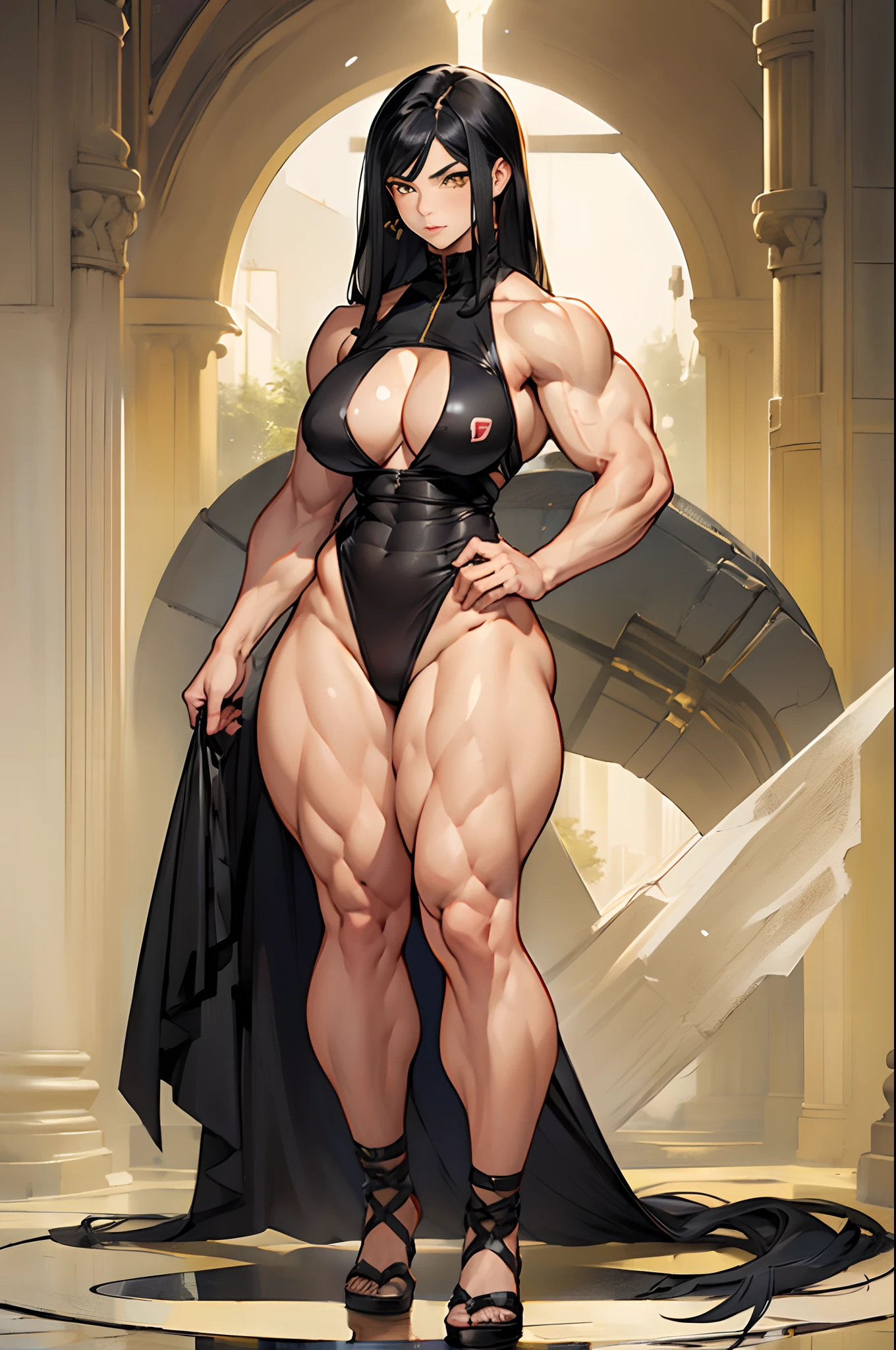 (((((((1 girl))))))), ((((((muscular)))))), (full body), black hair, yellow eyes, pale skin, solo, very long hair, curvy, wide hips, thick thighs, huge breasts