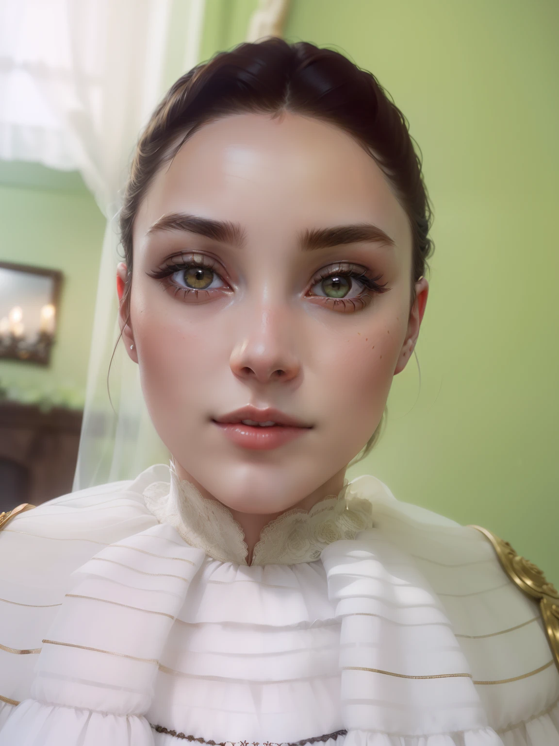 (masterpiece, best quality, high resolution:1.4),(Raw photography, top-quality, masterpiece, extremely delicate and beautiful, ighly detailed, nffsw, Unity, 8K Picture Wallpaper, amazingly detail, detaile, masterpiece, top-quality, Official art, Highly detailed ticker Unity 8k wallpaper, ultra-detailliert, hight resolution, ighly detailed, Clair, Focus), (top-quality), (realisitic, Photorealsitic:1.5), (8K, Soft lighting, hightquality, lighting like a movie), (1girl), pretty, beautiful, (noble), elegant, skin pores texture, HD , Photography, movie, cinematic, portrait, Realistic, (8k, RAW photo, best quality, masterpiece:1.2), (realistic, photo-realistic:1.33), best quality, (detailed eyes: light golden), (light golden-colored pupils), (dark hair), (hairstyle: French twist), (curtain bangs), (two toned hair: dark and gold), (16 years old), (young), portrait, smile, (background: red rose garden), bust up, detailed and realistic portrait of a girl, (fragile), (night light), (British), (pale), (Caucasian), (innocent), (red lips), (black cloak with a deep green lining), ((red roses)), (look at the camera), ((A black Victorian-era-style gown adorned with intricate lace and exquisite ornate details and embellishments)),(long sleeves)