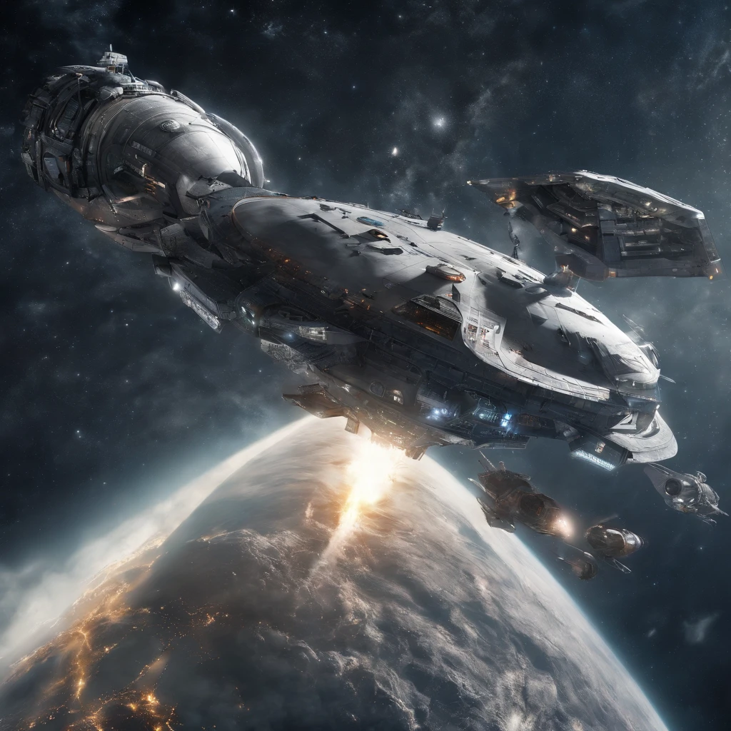 Combat spacecraft, 50 metros de comprometo, blindagem Liza. futuristic plans warship background in futuristic shape flying into space