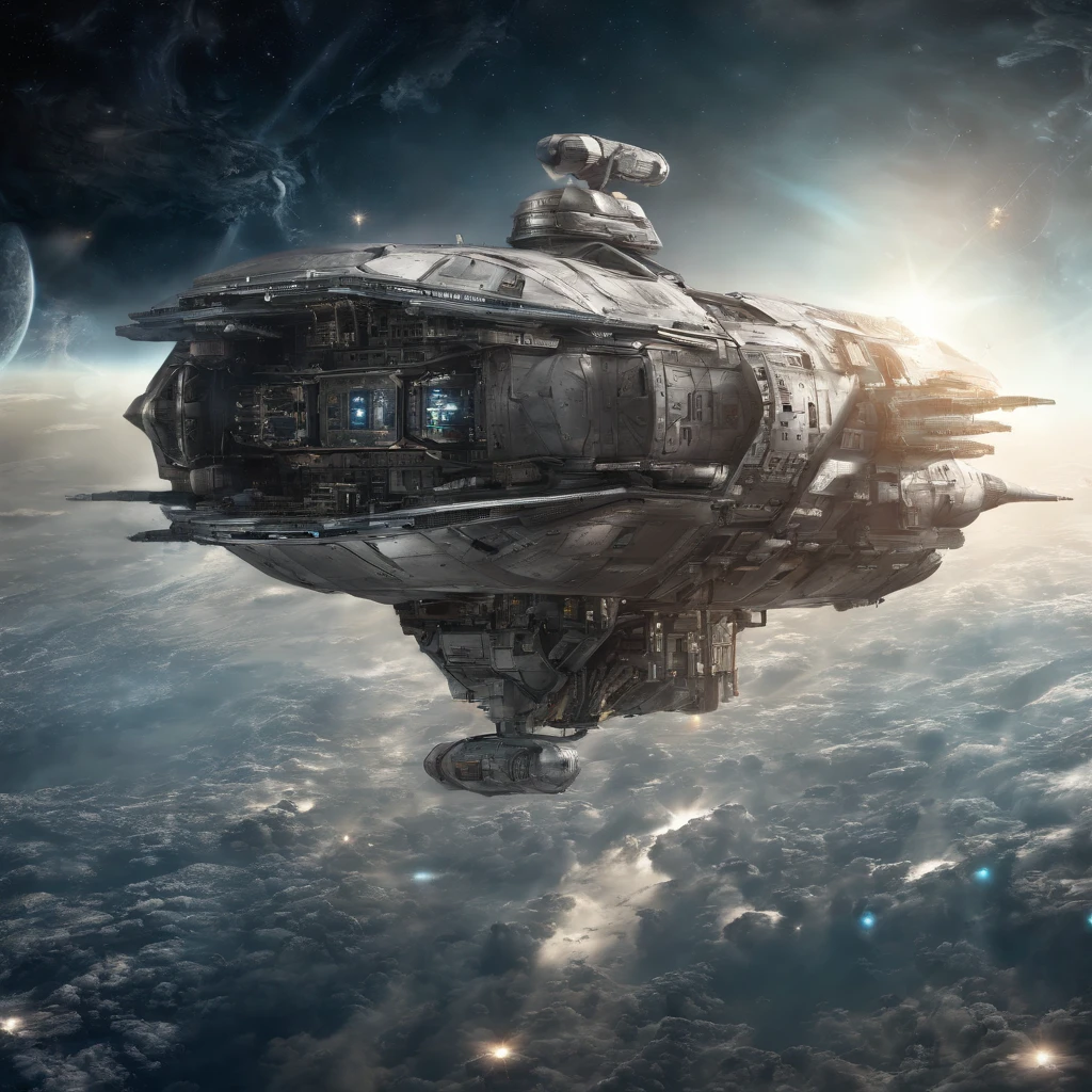 Combat spacecraft, 50 metros de comprometo, blindagem Liza. futuristic plans warship background in futuristic shape flying into space