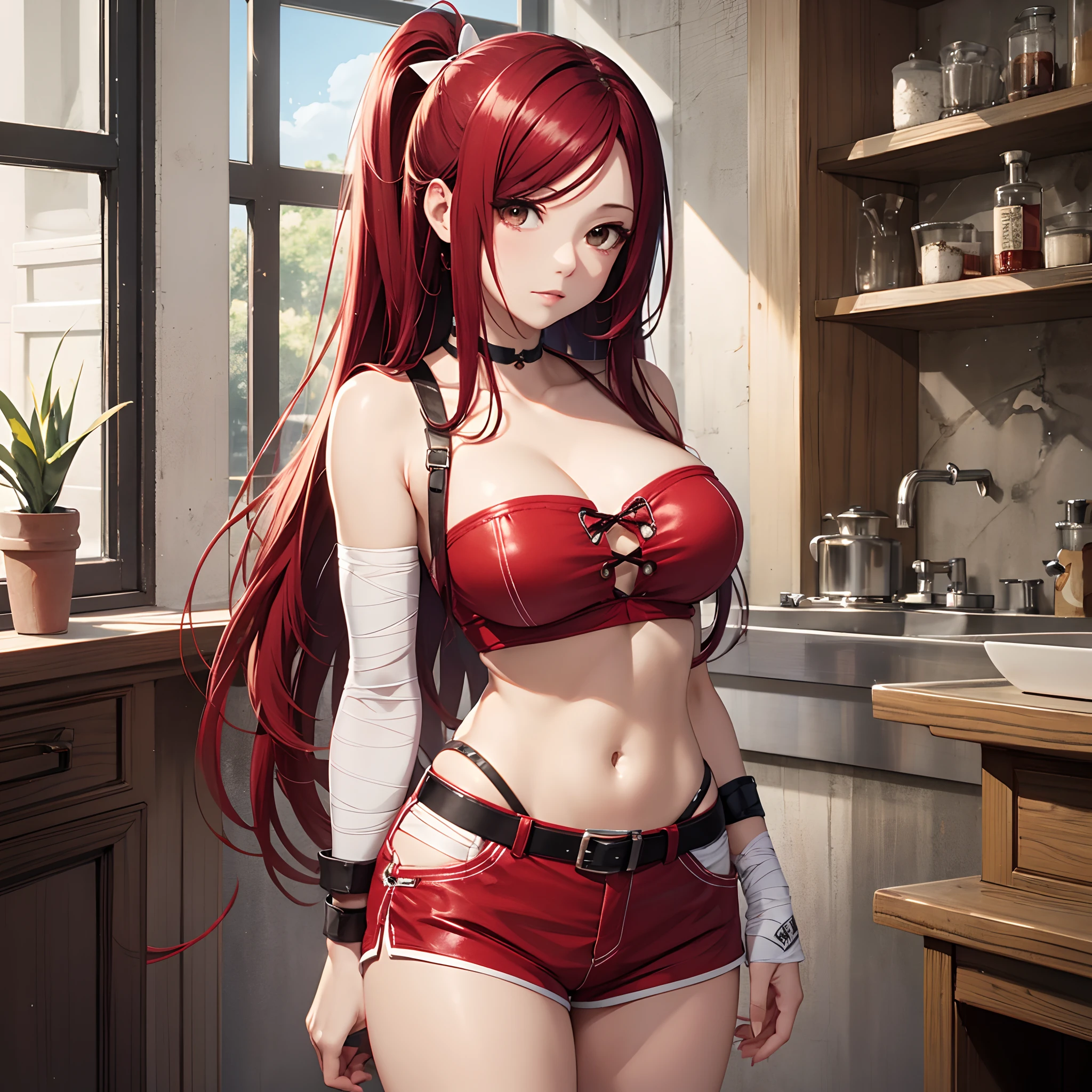 masterpiece, best quality, highres, Erza Scarlet fairy tail, 1girl, long hair, red hair, ponytail, white ribbon, hair over one eye, brown eyes, large breasts, collarbone, chest sarashi, bandage, bare arms, midriff, red hakama, red mini shorts, cowboy shot, indoors, standing,full body --auto --s2