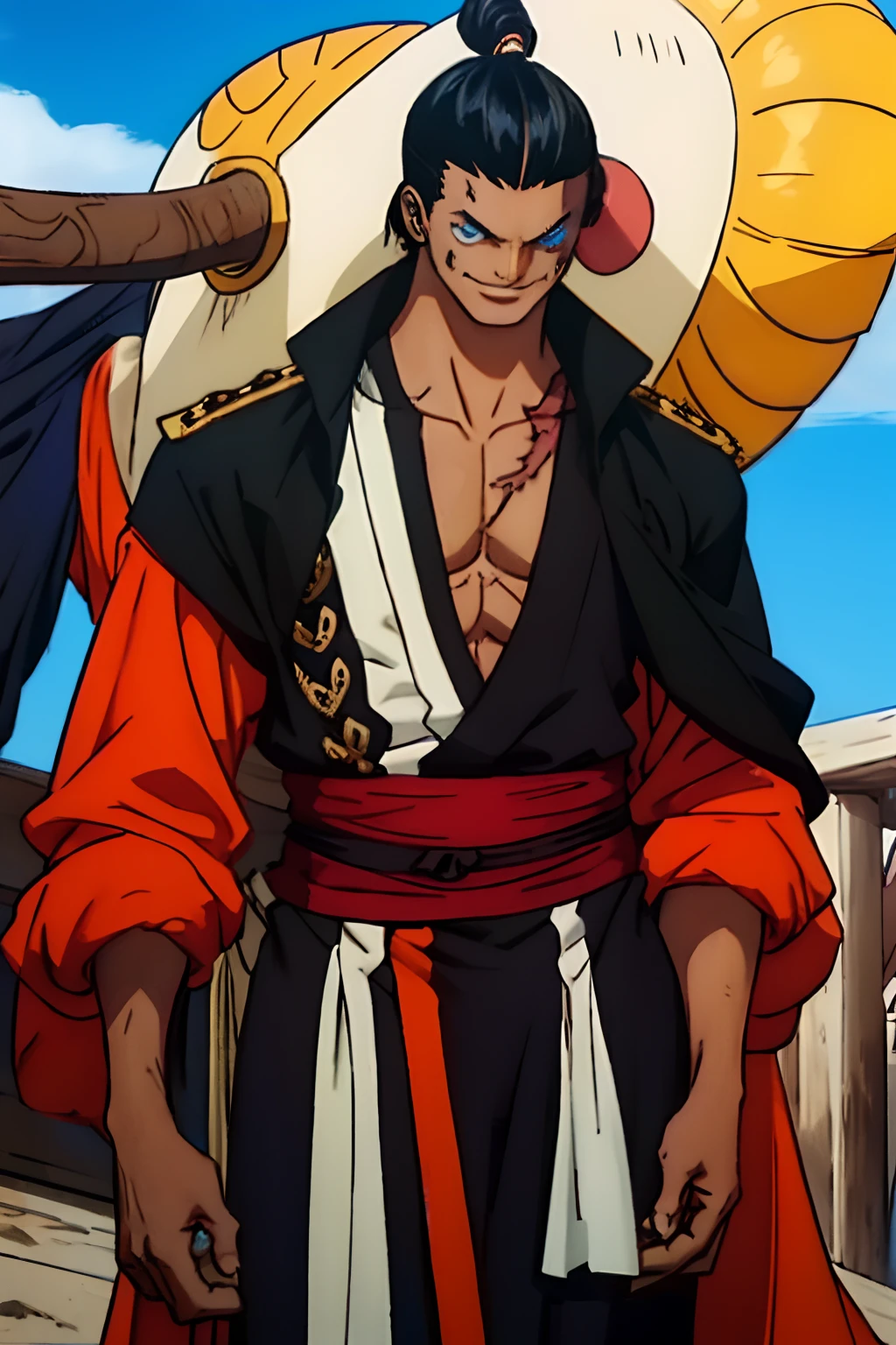 black young guy, shanks hairstyle, black hair, admiral marine, sword, scar, creepy smile, lindo, stylish hair, awesome eyes