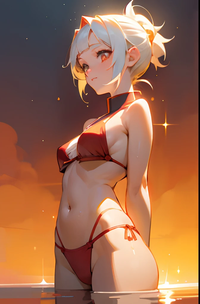 anime young woman, short hair, hair tied back, white colored hair, red colored eyes, medium chest, small thighs, big body, strong body, kimetsu no yaiba art style, red bikini, beach background, orange sun light, sunset, beautiful lighting, 4k masterpiece, bokeh, vivid colors, realistic water, detailed eyes, detailed hands, soft smile, sparkles nearby, glowing water
