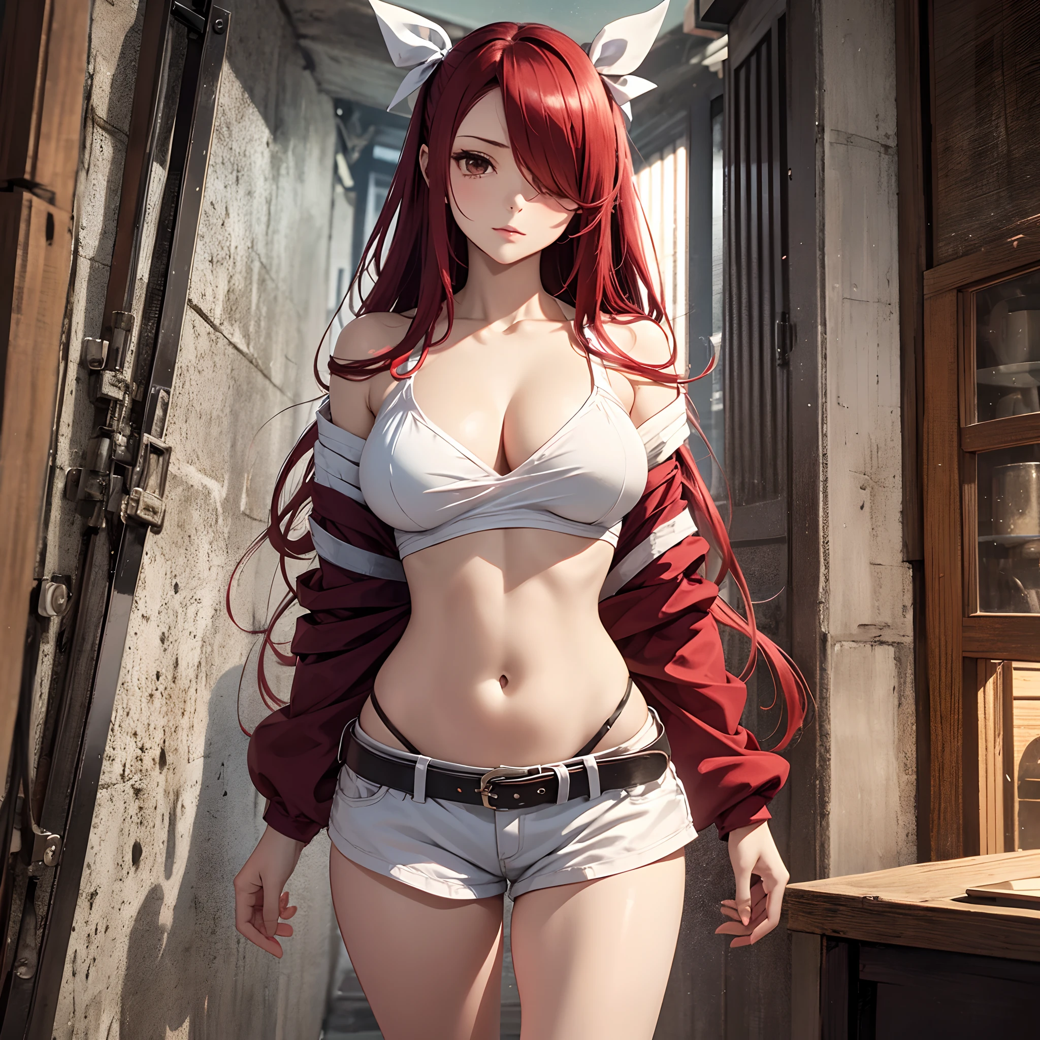 masterpiece, best quality, highres, Erza Scarlet fairy tail, 1girl, long hair, red hair, ponytail, white ribbon, hair over one eye, brown eyes, large breasts, collarbone, chest sarashi, bandage, bare arms, midriff, red hakama, red mini shorts, cowboy shot, indoors, standing,full body --auto --s2