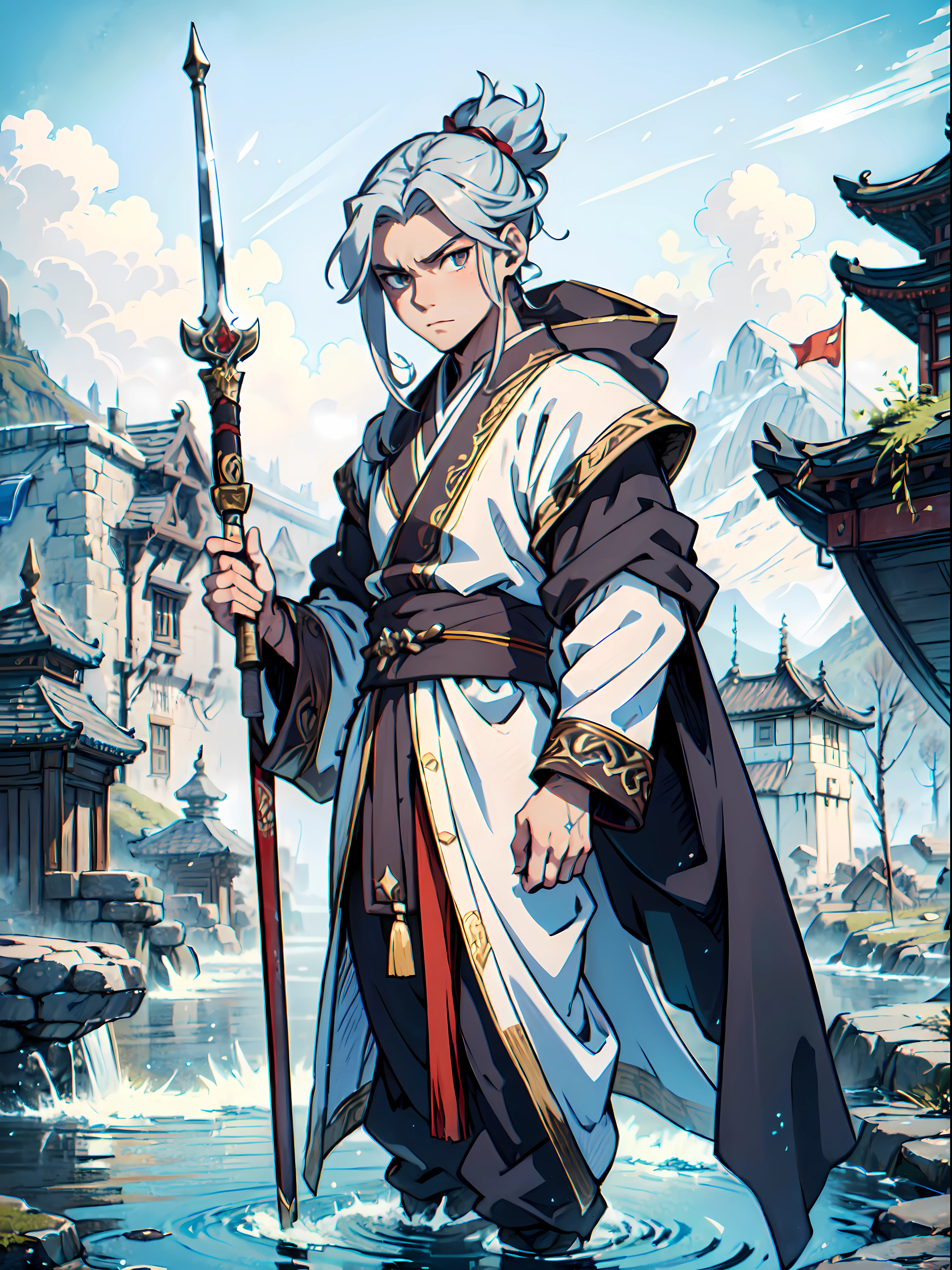 Ultra High Definition, Ultra High Quality, Extremely Detailed, Perfectly Detailed, Masterpiece, 8k, 1 Boy, Look A Like Xin From Kingdom Anime, Handsome, Equipped With Chinese Emperor Silk Clothes, Chrome White Eyes, Long Silver Hair Tied, Holding A Perfectly Detailed Excalibur, Full Body Shot, Masculine, Ancient Terrains Background