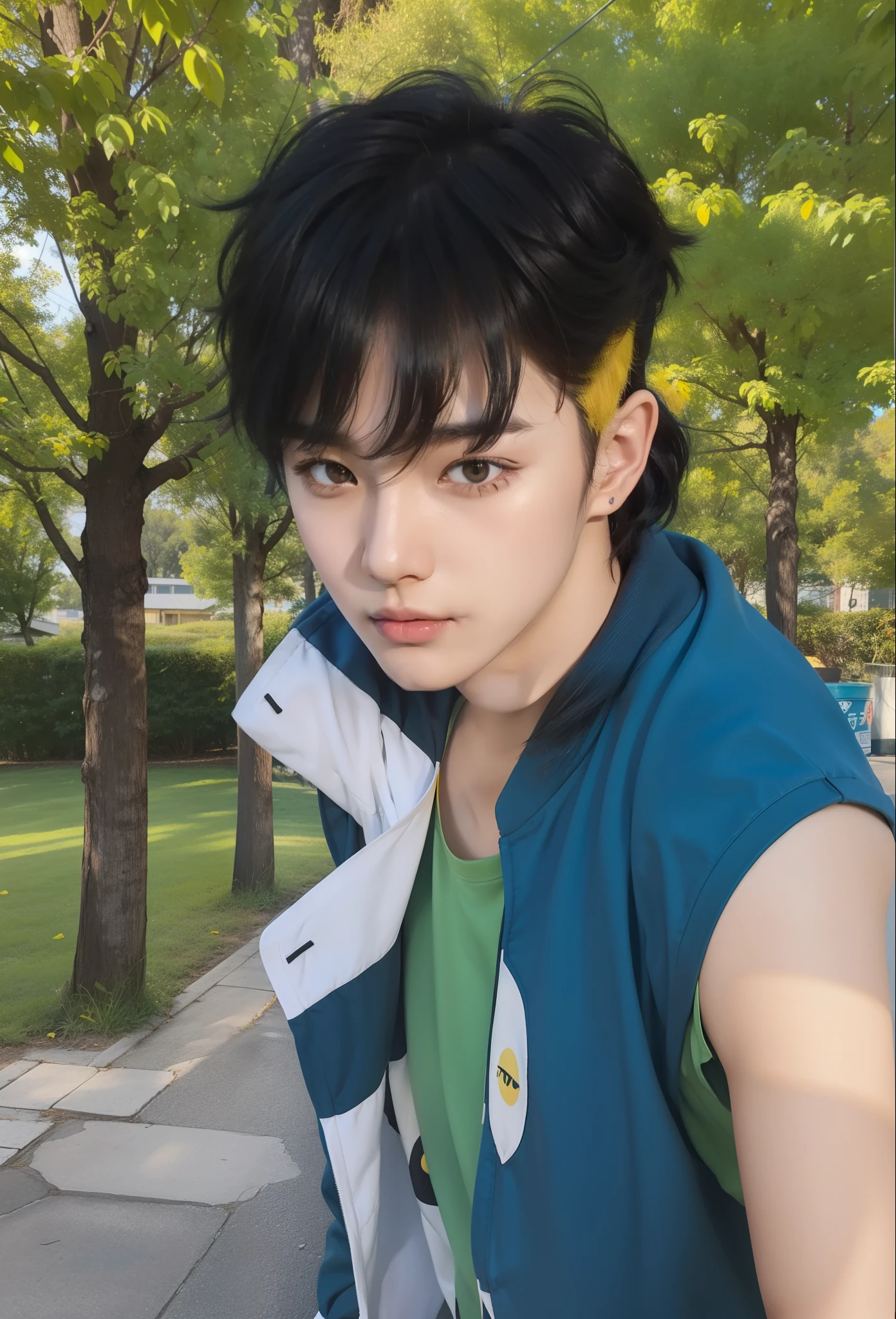 Real life adaption of this character,Korean teen handsome face , ((realistic messy hair black color in the middle hair and yellow color in the side hair)),realistic same outfit,realistic eyes,realistic light,realistic shadow,hyper realistic,realism,(photorealistic:1.2)