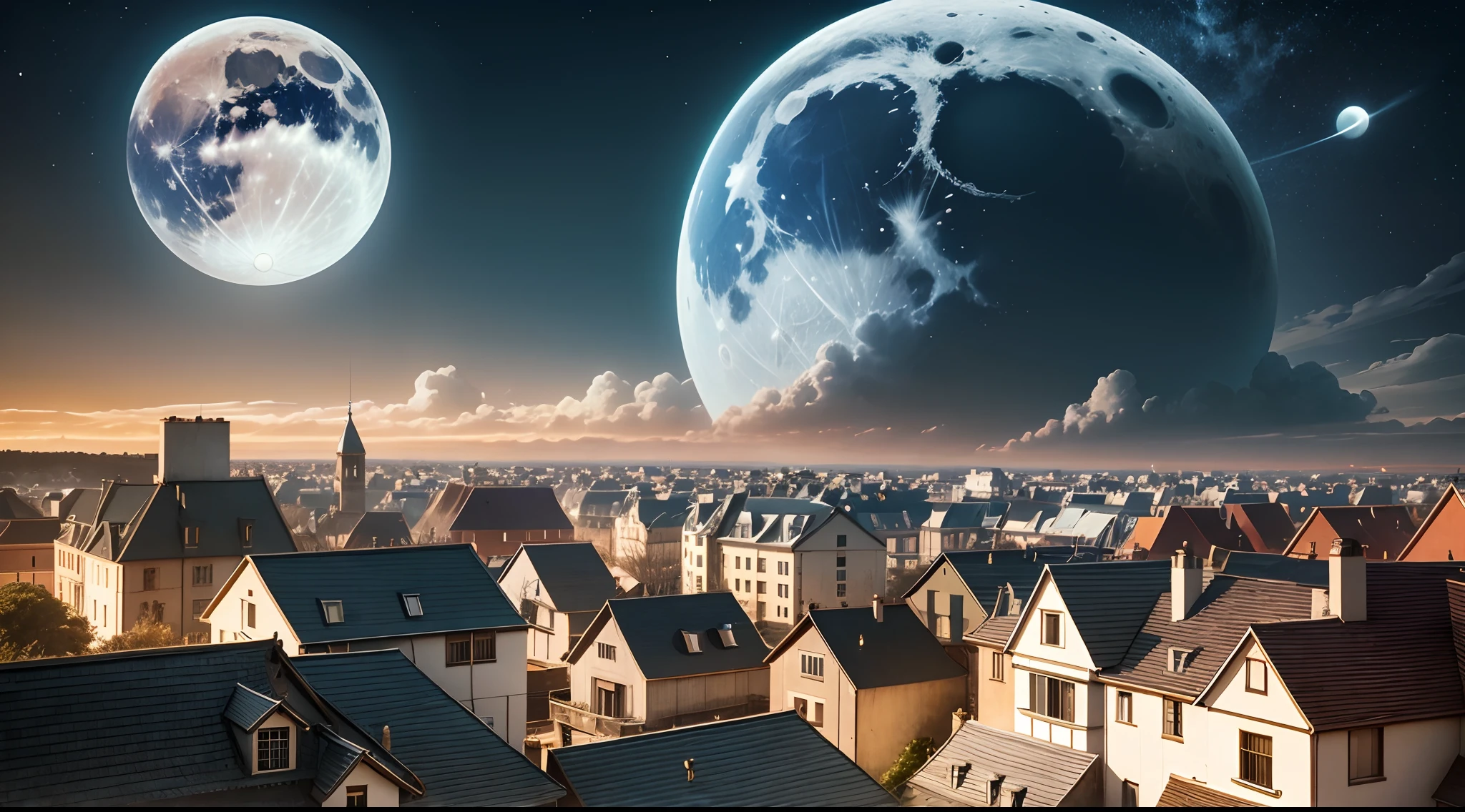 SETTING, MOON, VARIOUS HOUSES, COMMERCIAL BUILDINGS, REALISTIC, PHOTOGRAPHIC, SKY WITH A VIEW OF PLANET EARTH, HOUSE ON THE MOON