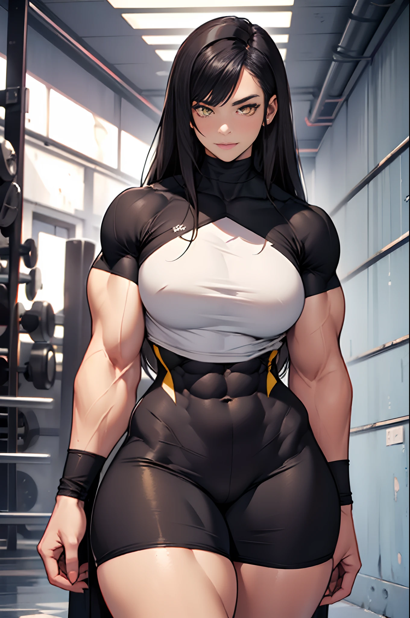 (((((((1 girl))))))), ((((((muscular)))))), black hair, yellow eyes, pale skin, solo, very long hair, curvy, wide hips, thick thighs, huge breasts