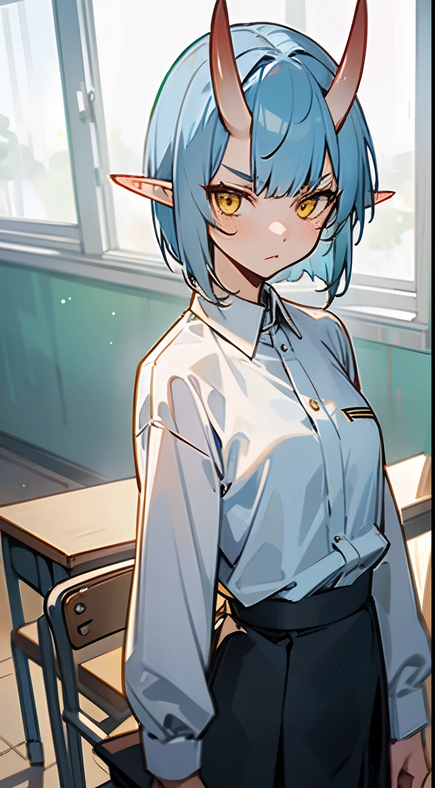 1oni girl,solo,serious face,white shirt,black skirt,light blue hair, short hair,mature female,yellow eyes,elves ears,oni horns,classroom