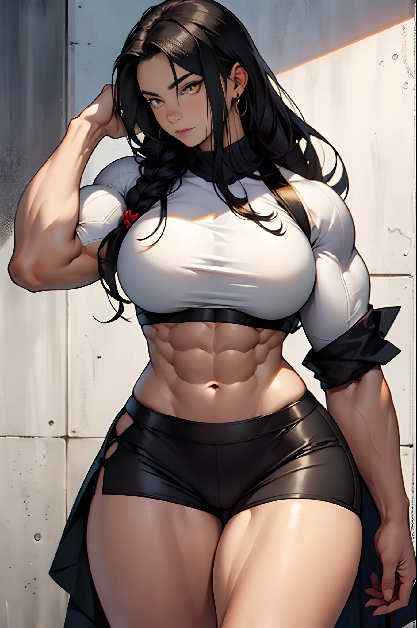 (((((((1 girl))))))), ((((((muscular)))))), black hair, yellow eyes, pale skin, solo, very long hair, curvy, wide hips, thick thighs, huge breasts
