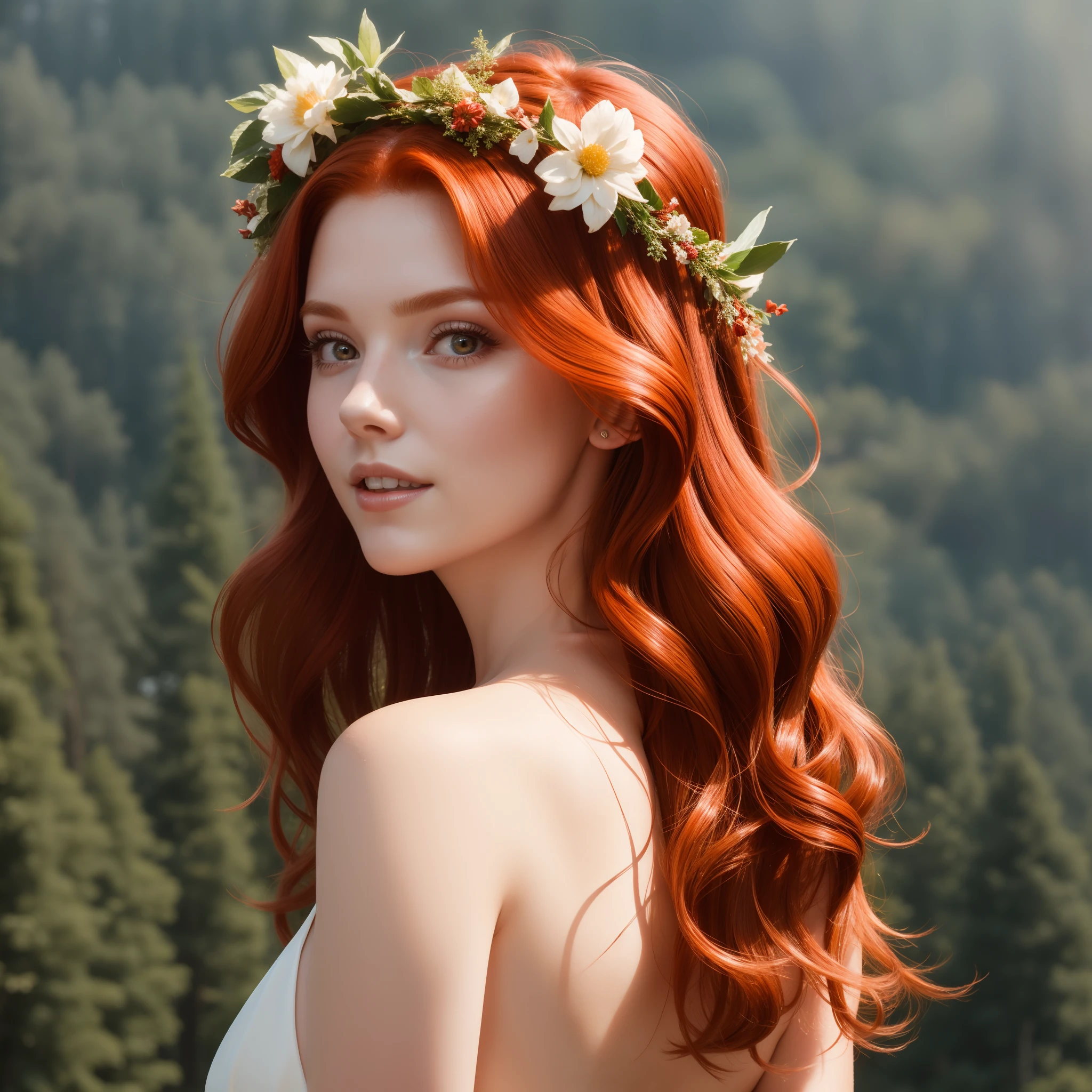 (masterpiece, sharp focus), ((closeup:1.5)), A elegant 25 years old redhead woman , floating hair, light smile, voloptuous body, forest background, volumetric light, elegant summer dress, focus face, light rain on sun light, red hair, Endsinger, light fog, flower crown