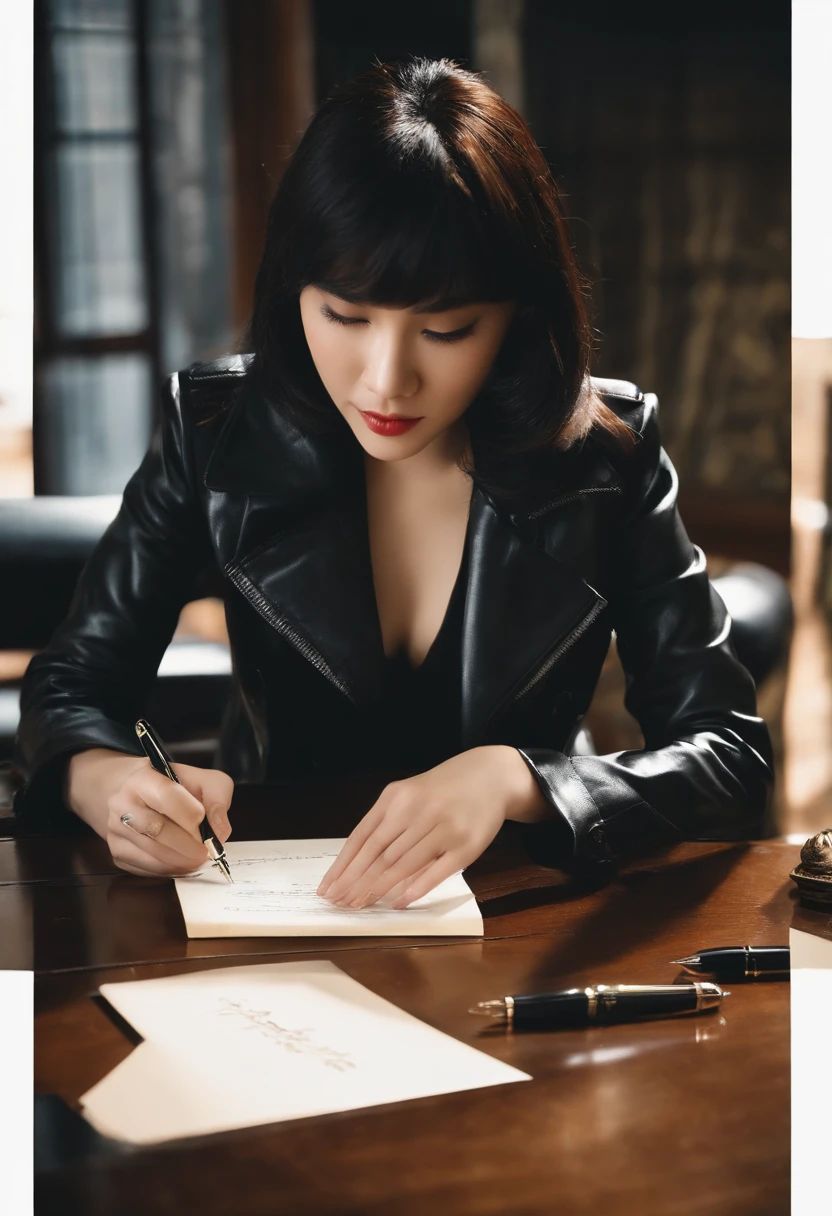 Black leather gloves in both hands, upper body, black leather rider jacket, facing the desk in the study, looking down and smiling, writing a letter using a fountain pen, black hair, long straight, young Japanese woman
