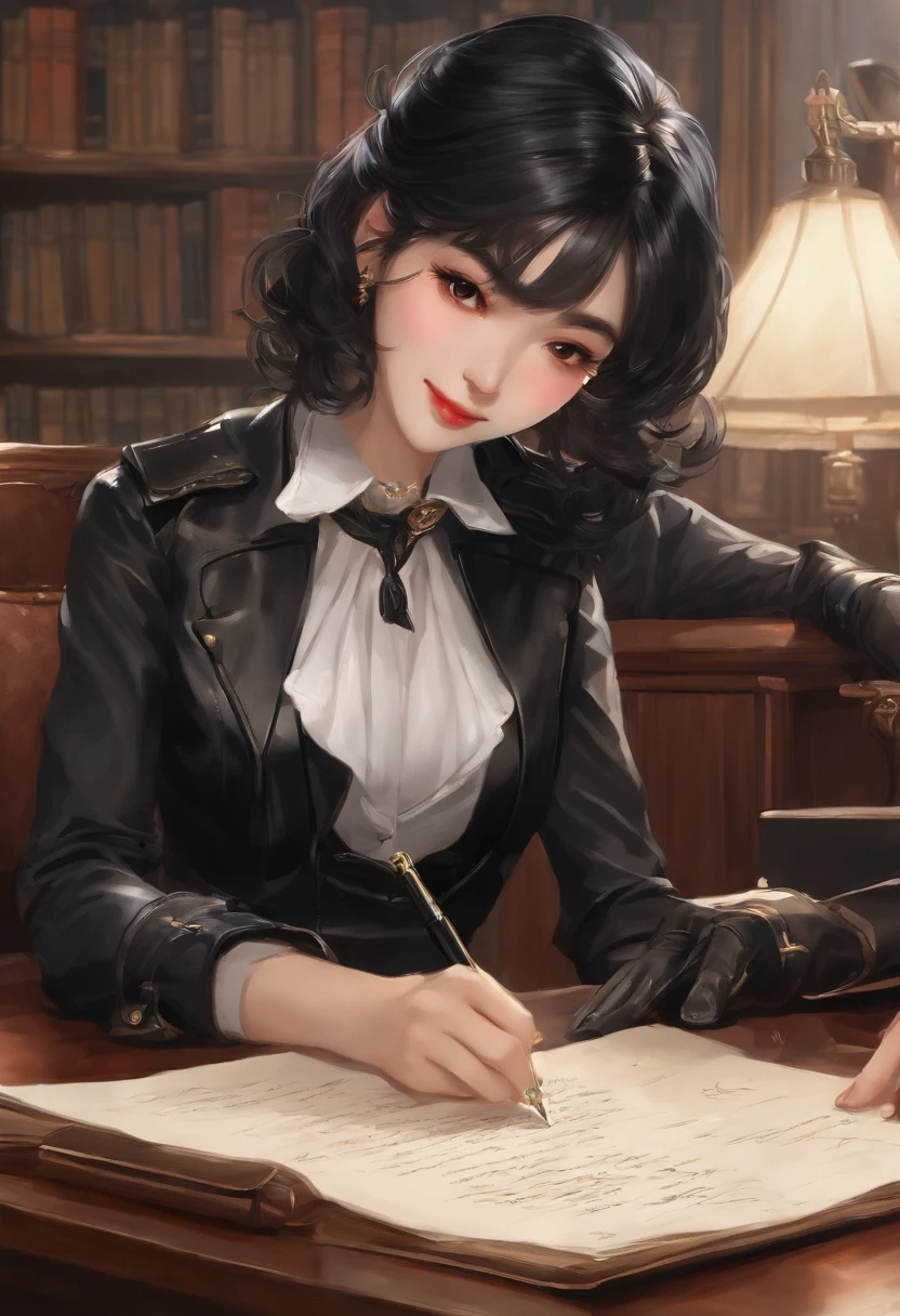 Black leather gloves in both hands, upper body, black leather rider jacket, facing the desk in the study, looking down and smiling, writing a letter using a fountain pen, black hair, long straight, young Japanese woman