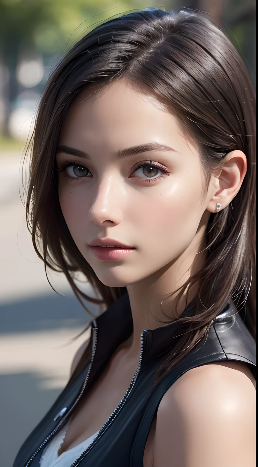 (Masterpiece, Best quality, Photorealistic, A high resolution, Photography, :1.3), Very close-up shot, Sharp focus, 1 brunette girl, European girl, Popular models, Highly detailed eyes and pupils, Realistic skin, slim body shape, cleavage, Extremely detailed hair, Delicate sexy face, Inductive gas, shiny lip, ((Wear a zippered vest)), En plein air, ((Realistic, Super realistic, Realism, realistic detail))